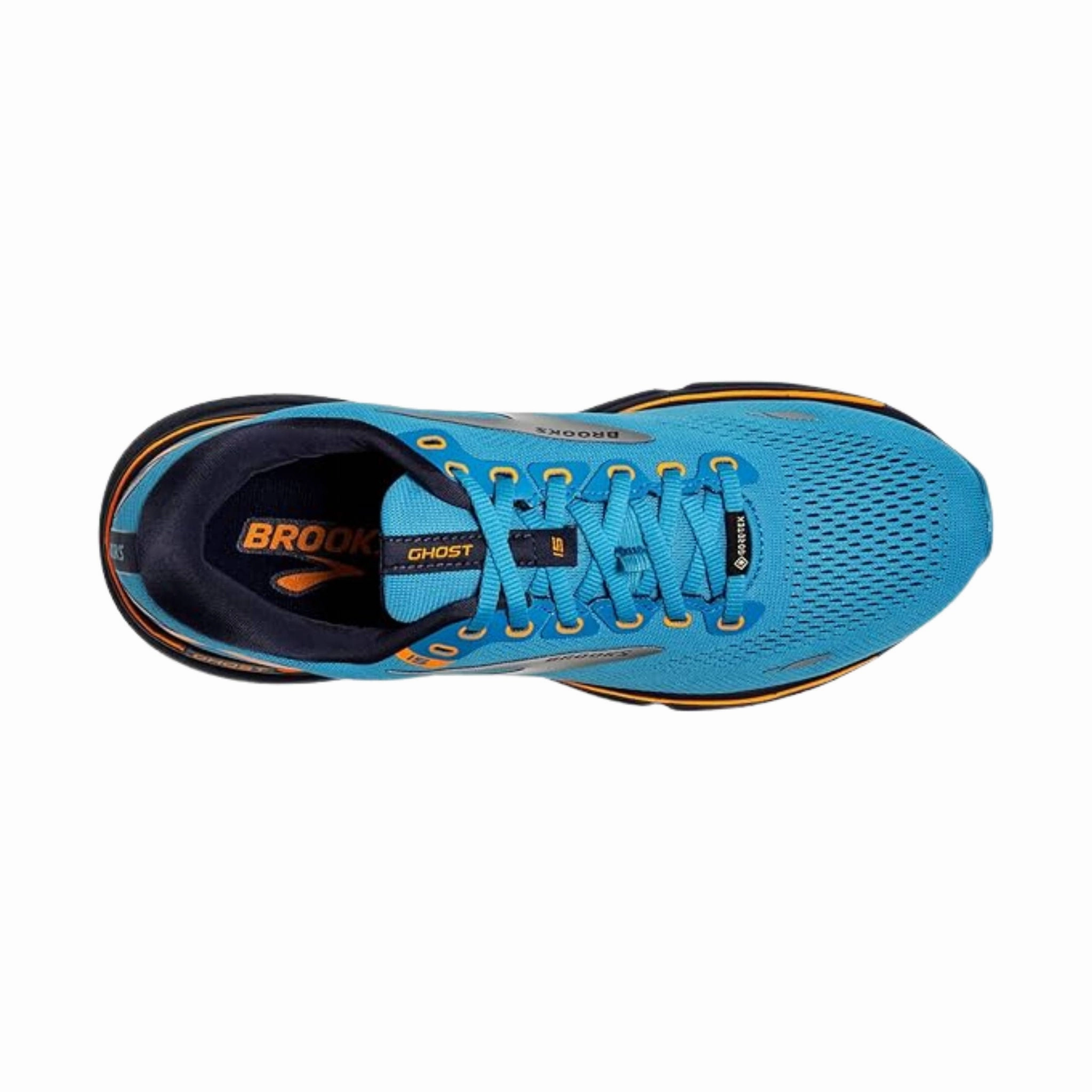 Knit Weave Texture Enhanced Durability Brooks Men's Ghost 15 GTX Running Shoes - Blue/Peacoat/Orange