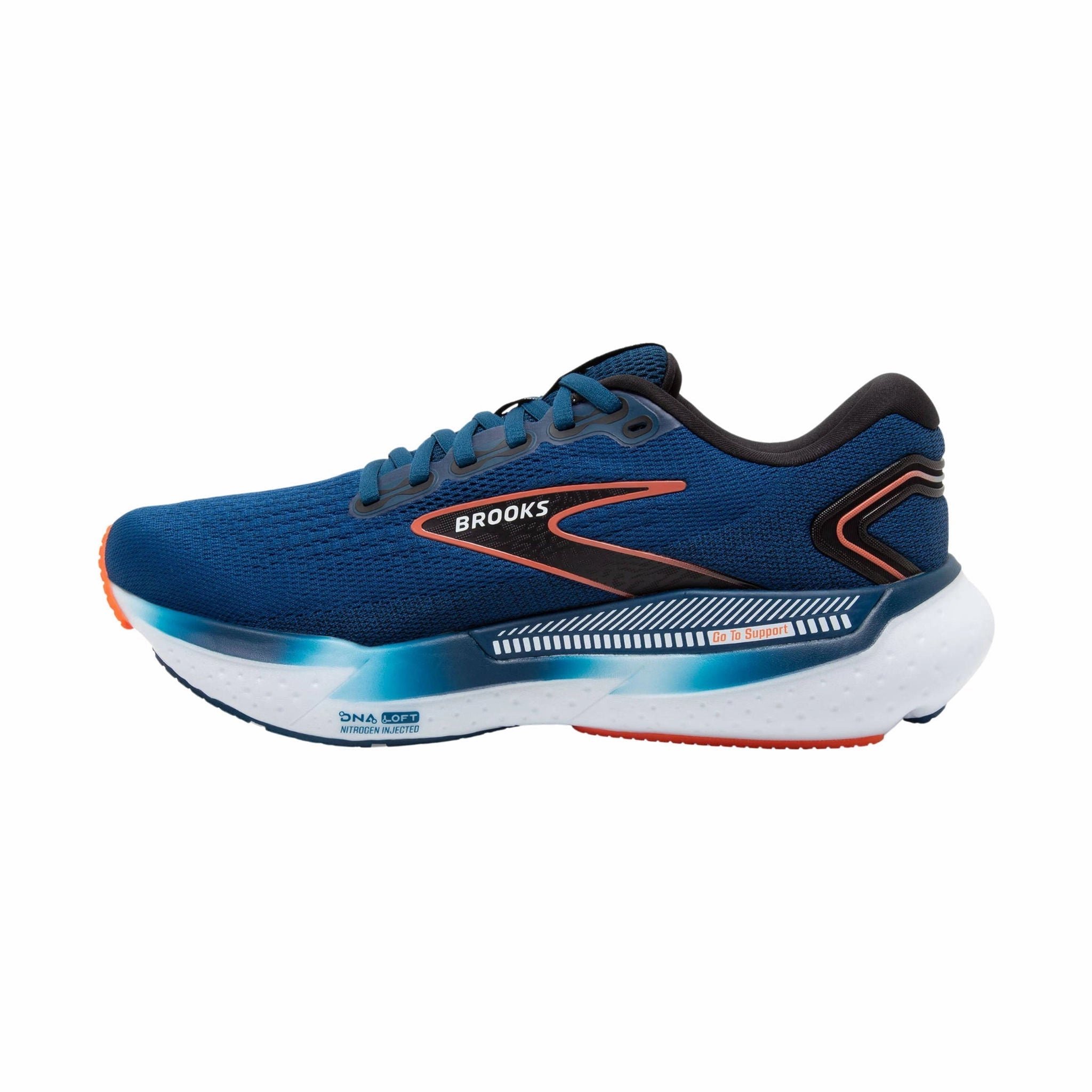 Elastic Collar Design Street Ready Brooks Men's Glycerin GTS 21 Road Running Shoes - Blue Opal/Black/Nasturtium
