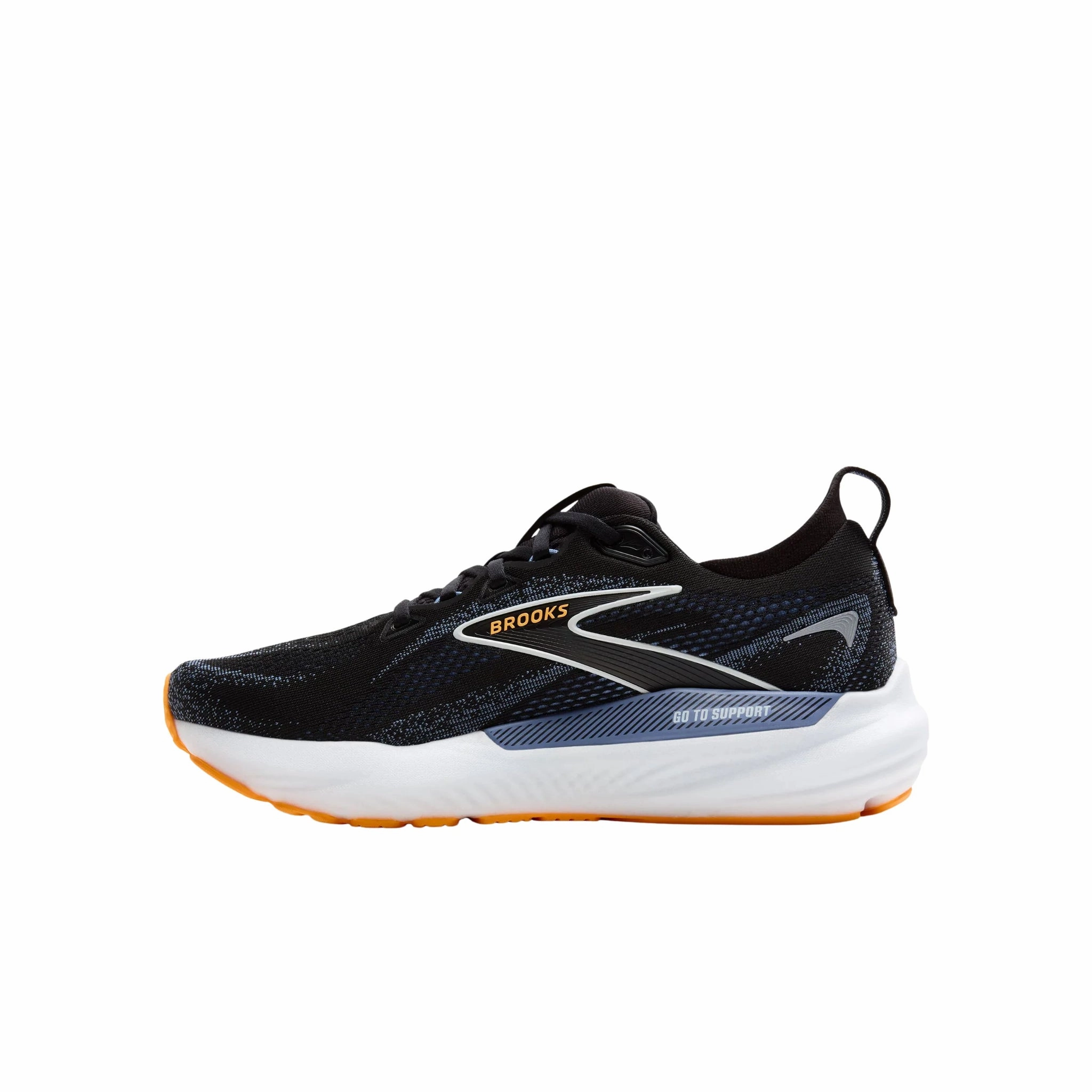 Resilient Outsole Soft Texture Brooks Men's Glycerin GTS 22 Running Shoes - Black/Blue/Orange