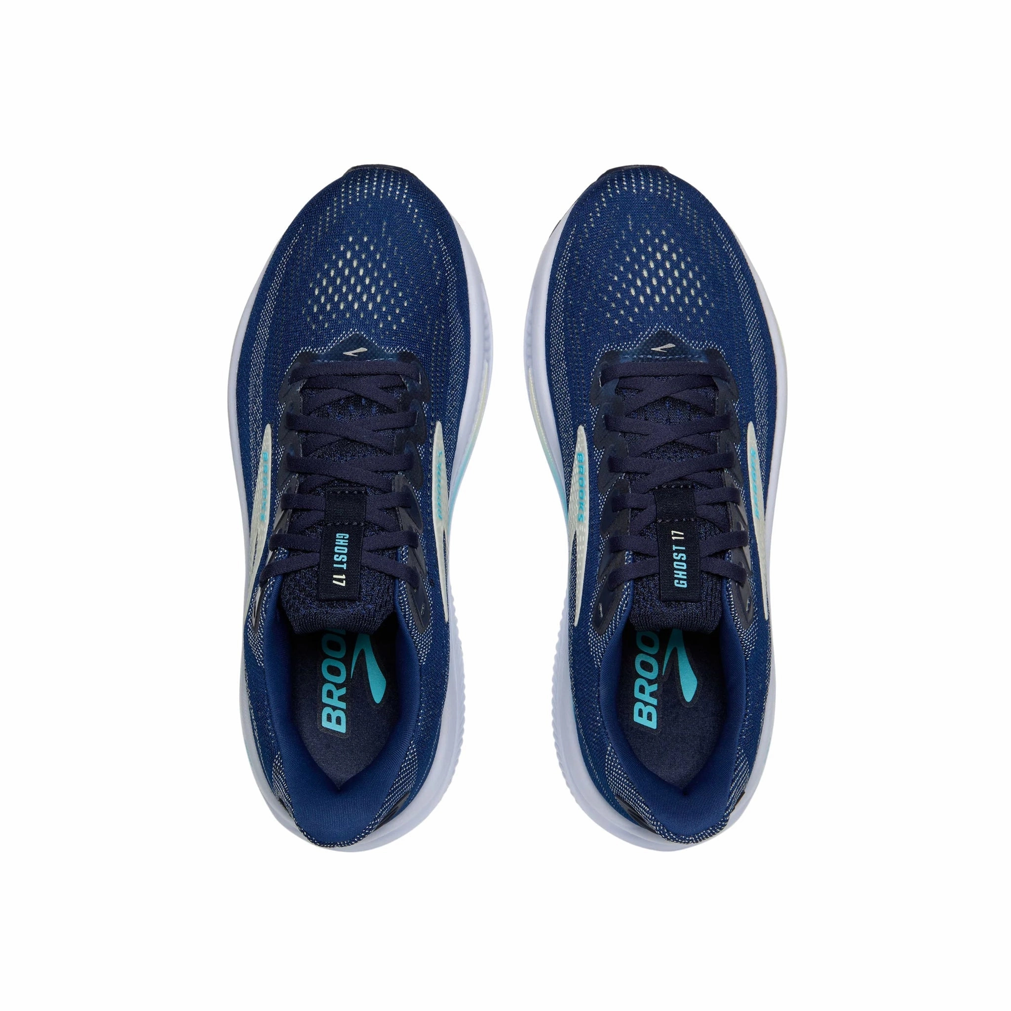 Flat Lace Compression Molded Cushioning Brooks Women's Ghost 17 Road Running Shoes - Navy/Green/Turquoise