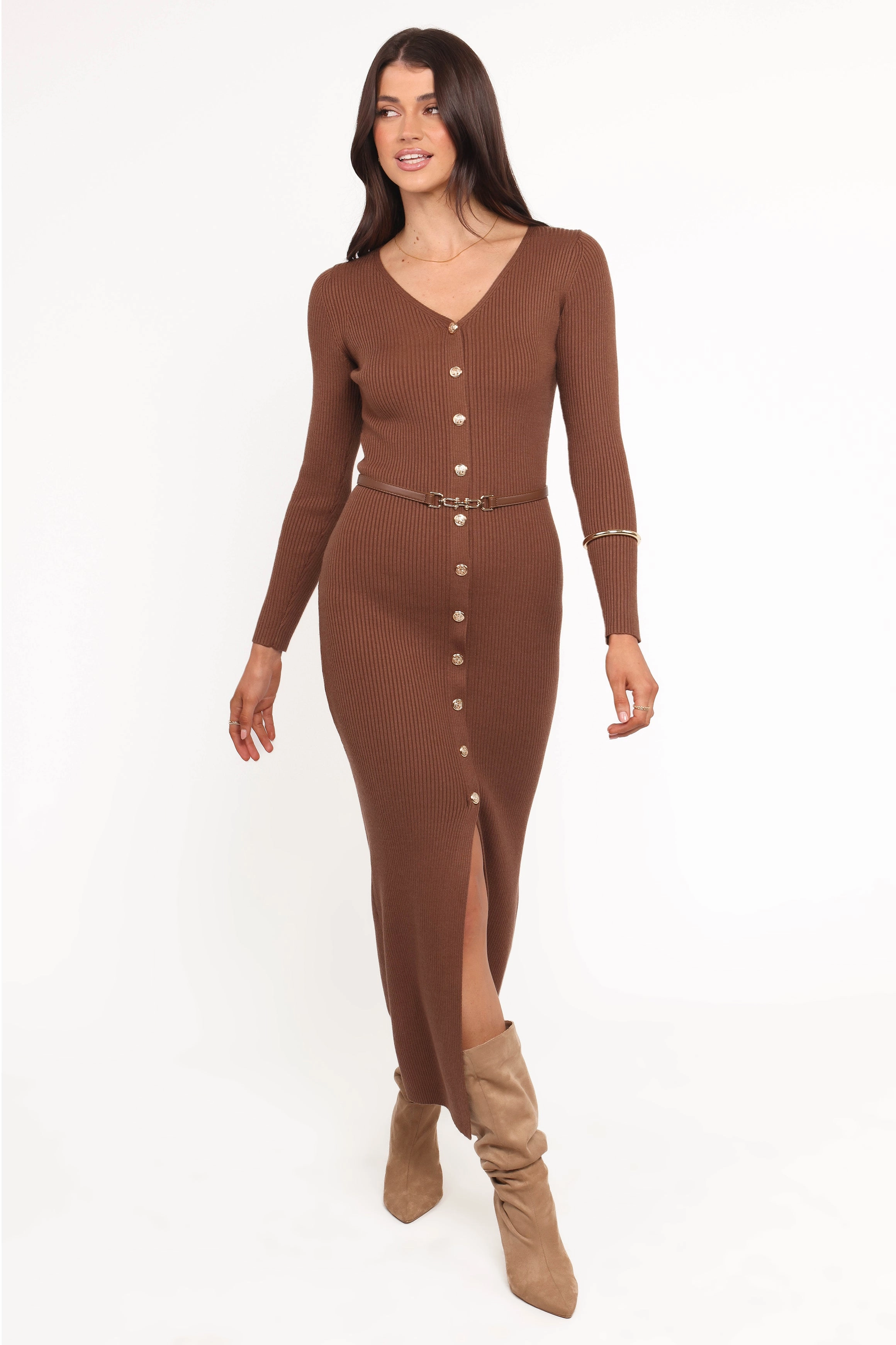 Brydie Long Sleeve Midi Dress - Chocolate Brown Polite Vibe Everyday-Comfort