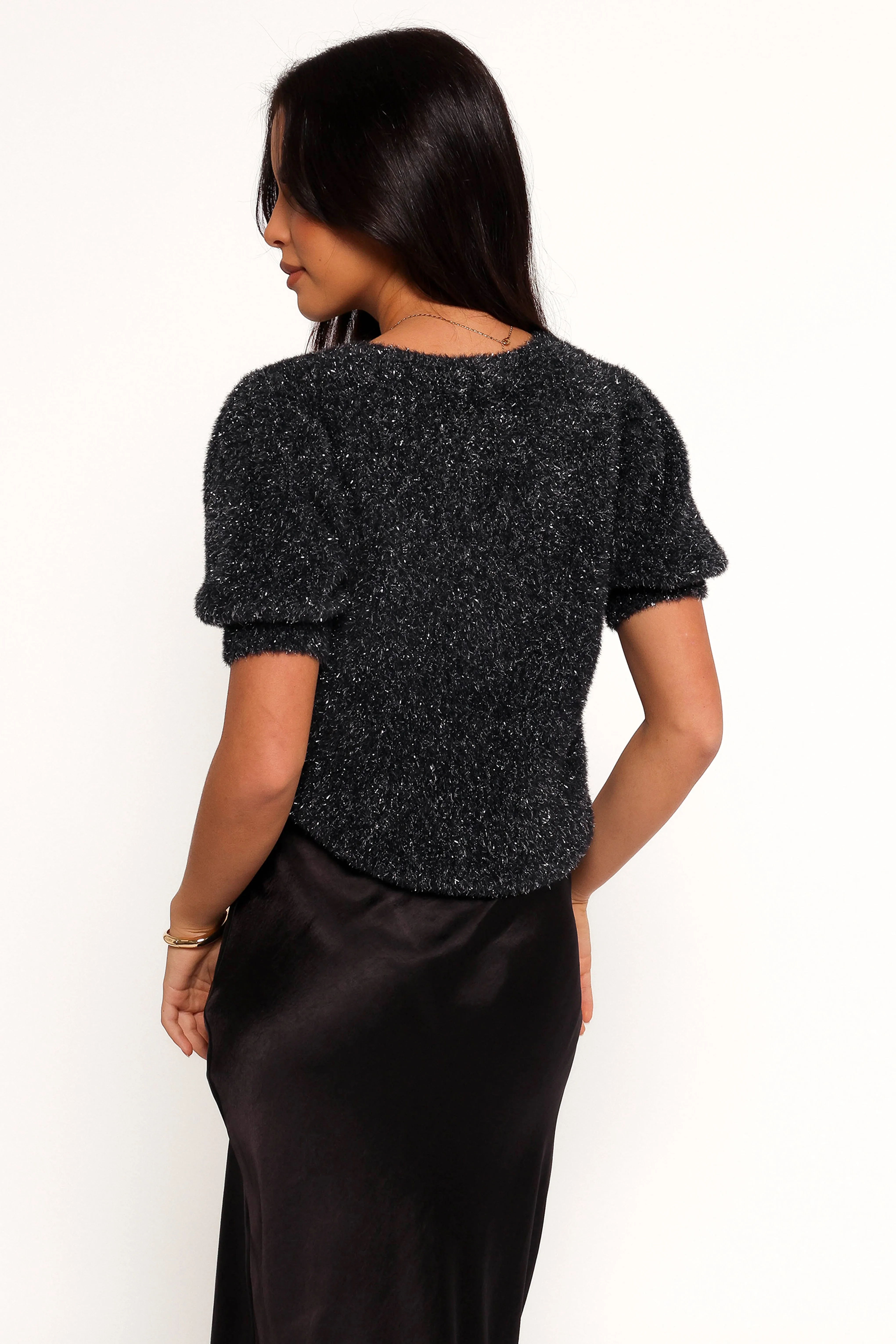 Reba Short Sleeve Lurex Crew Knit Sweater - Navy Reinforced Stitching AllDay Comfort Tech