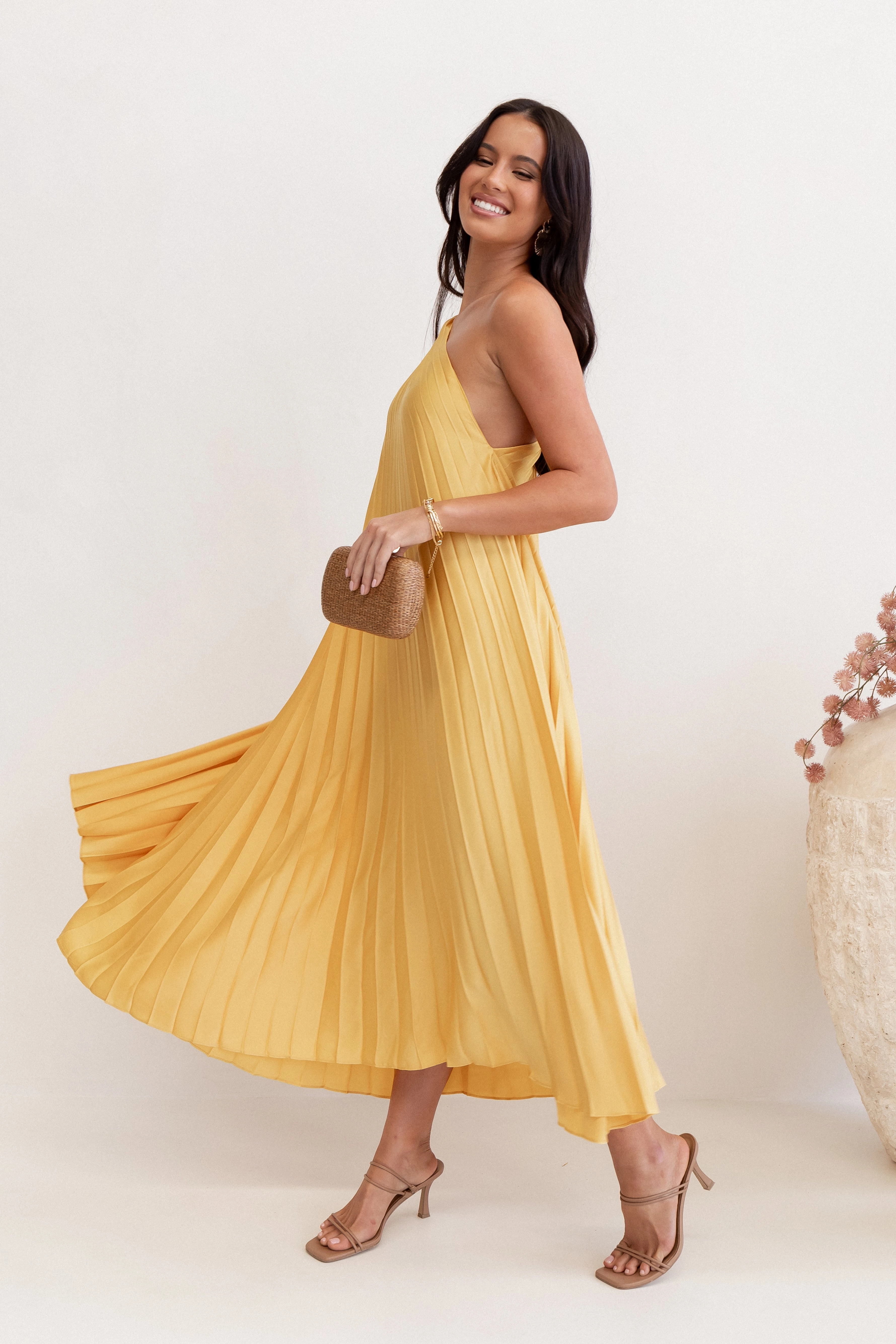 Light Layers Cali One Shoulder Midi Dress - Saffron