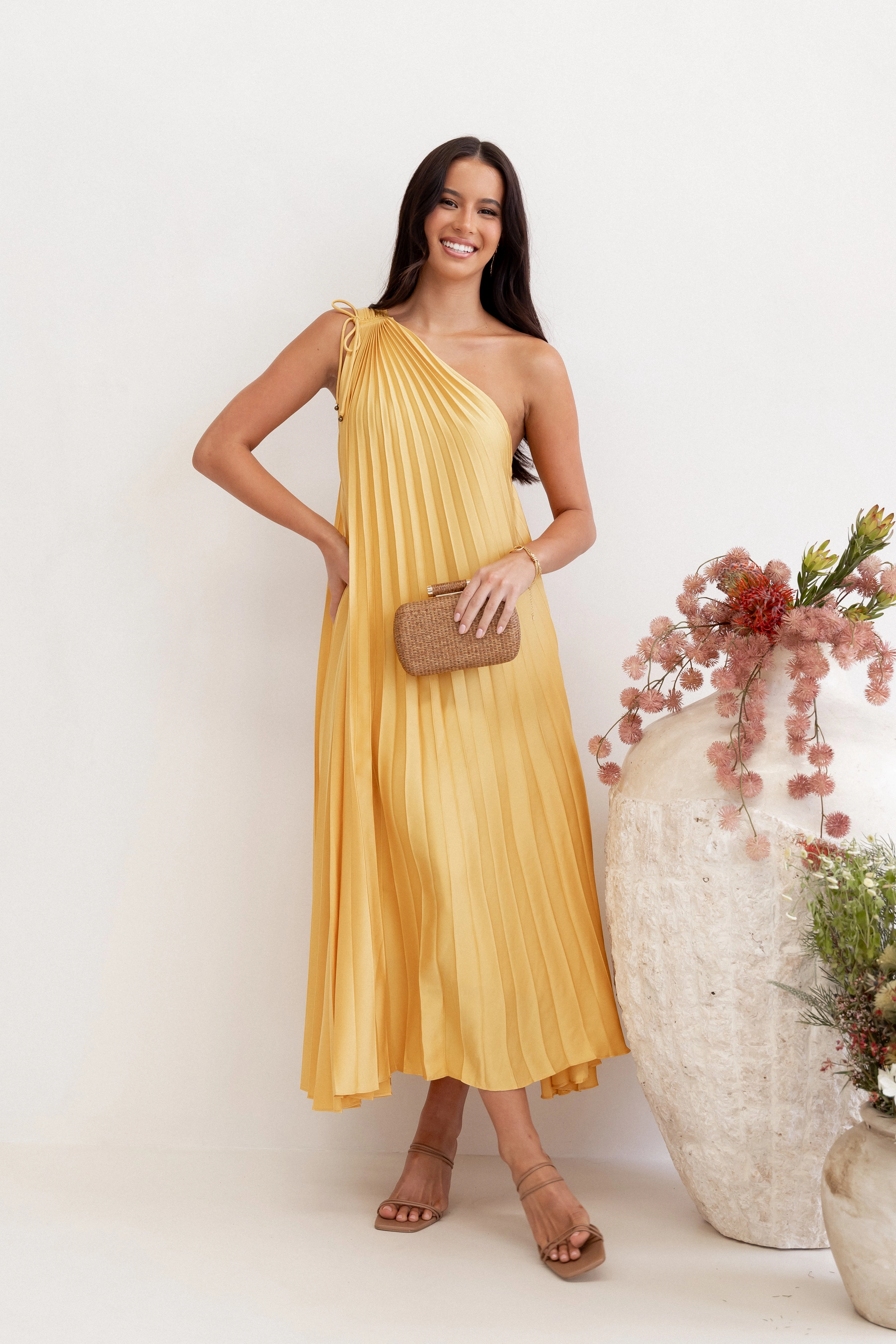 Cali One Shoulder Midi Dress - Saffron Flattering Look Fit