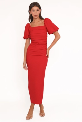 Lace-Sleeve Carey Midi Dress - Red