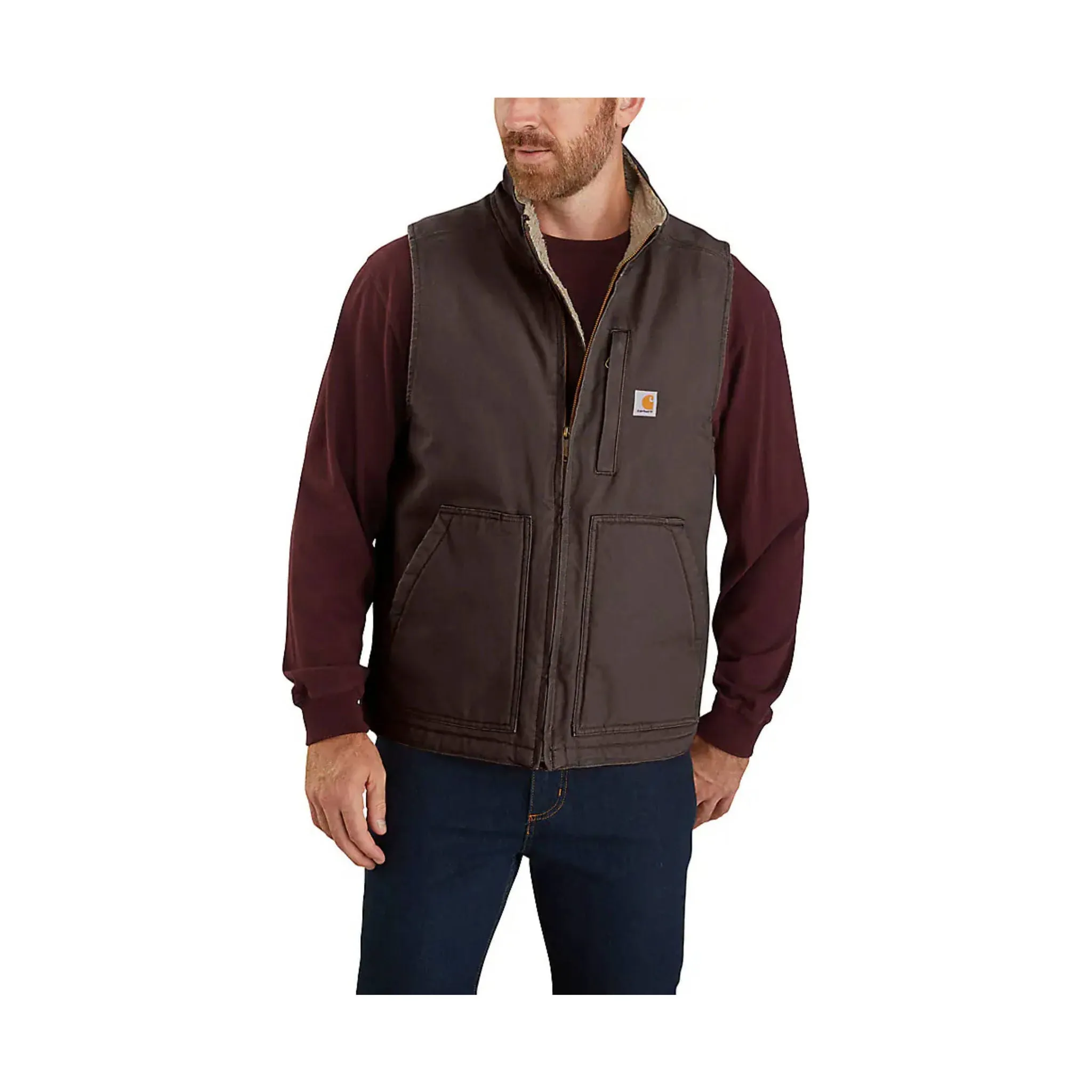 Roll Up Hood Fleece Backing Carhartt Men's Mock Neck Sherpa Lined Loose Fit Washed Duck Vest - Dark Brown