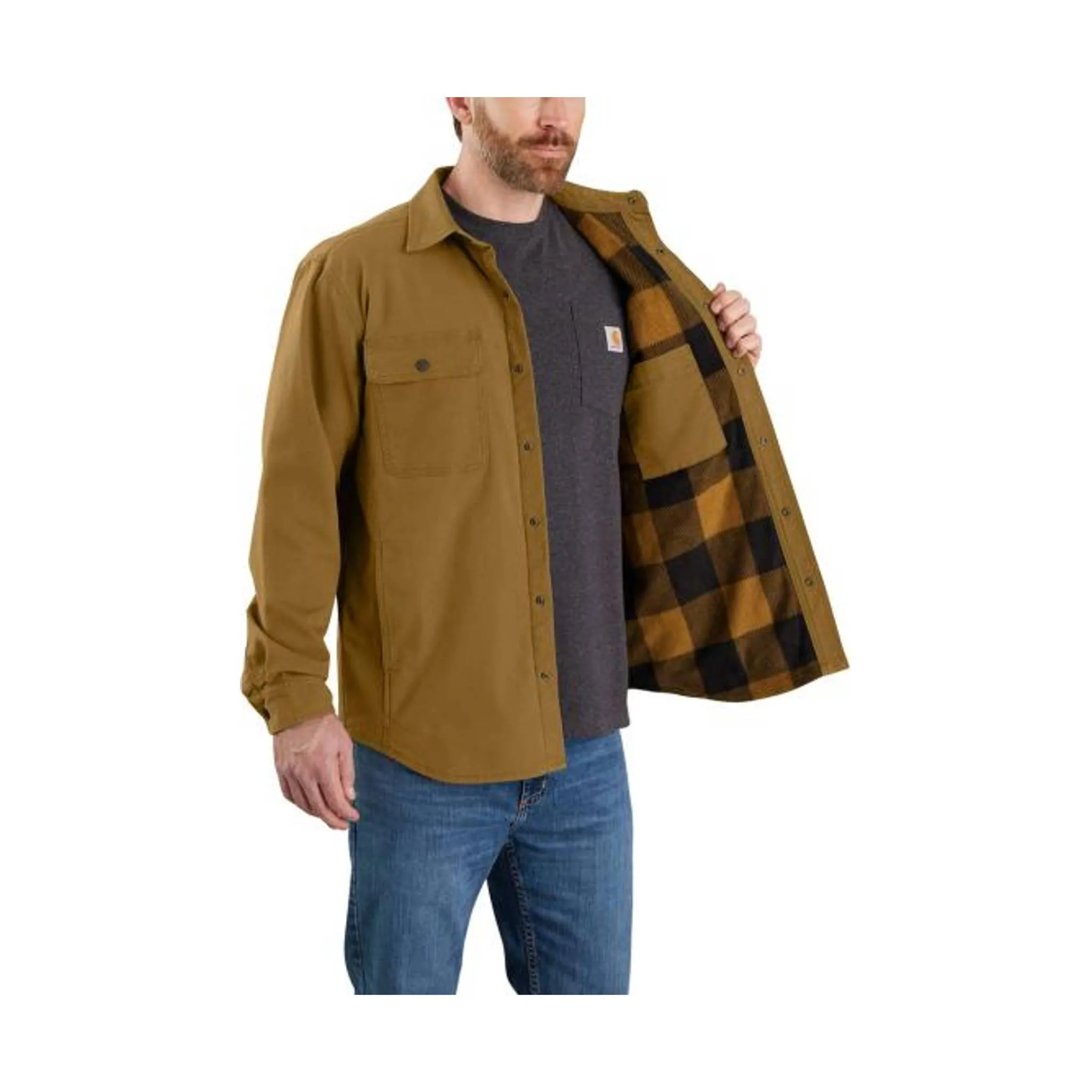Carhartt Men's Relaxed Fit Canvas Fleece Jacket - Oak Brown Convertible Style Anti Static Finish