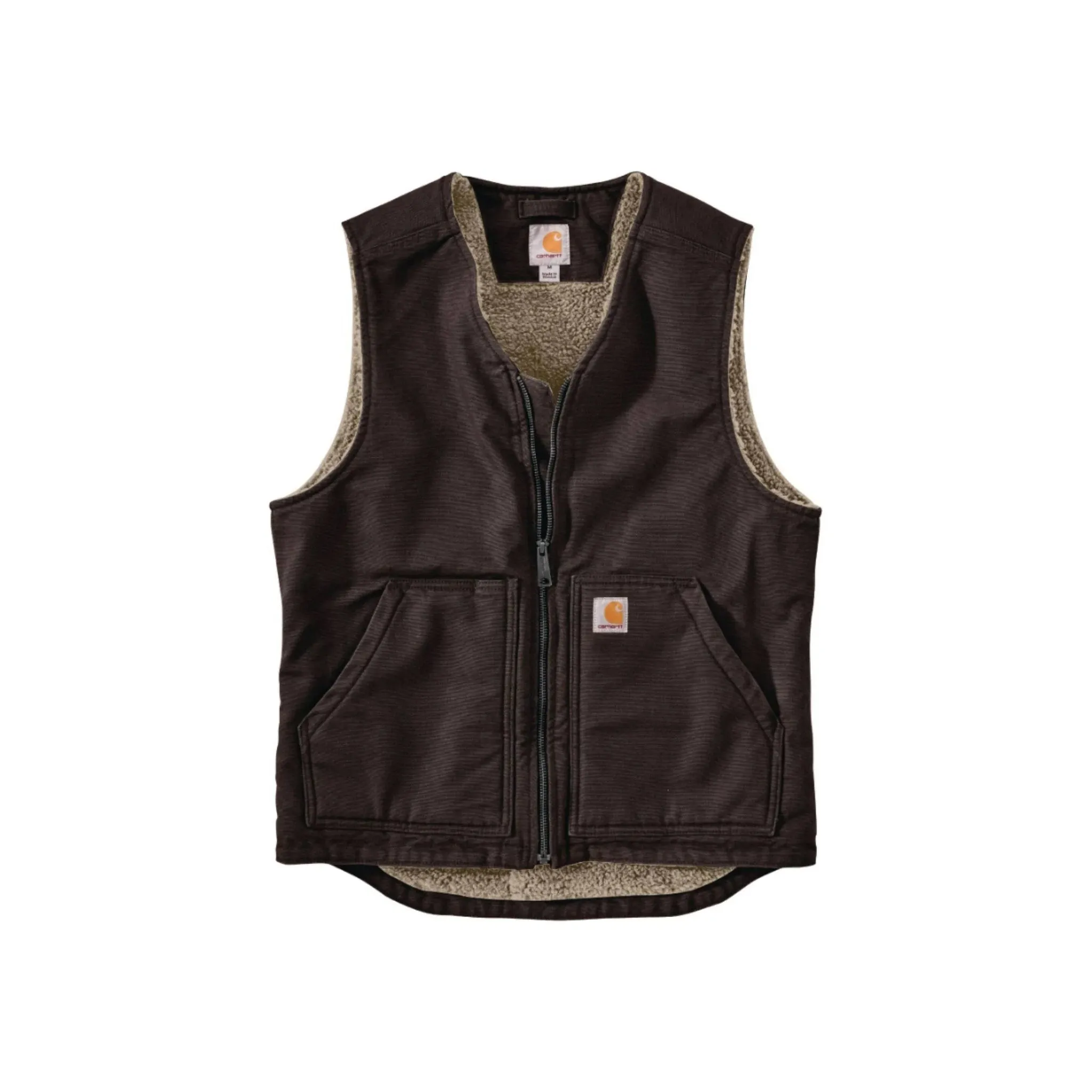Carhartt Men's Relaxed Fit Washed Duck Sherpa Lined Vest - Dark Brown Minimalist Aesthetic Crisp Walk Look