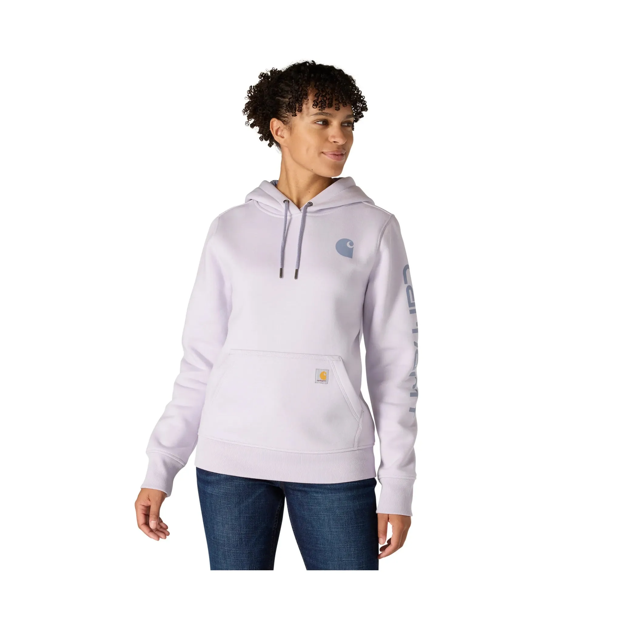 appropriate for hiking Chilly Day Wear Carhartt Women's Relaxed Fit Midweight Logo Sleeve Graphic Sweatshirt - Mica/Wisteria