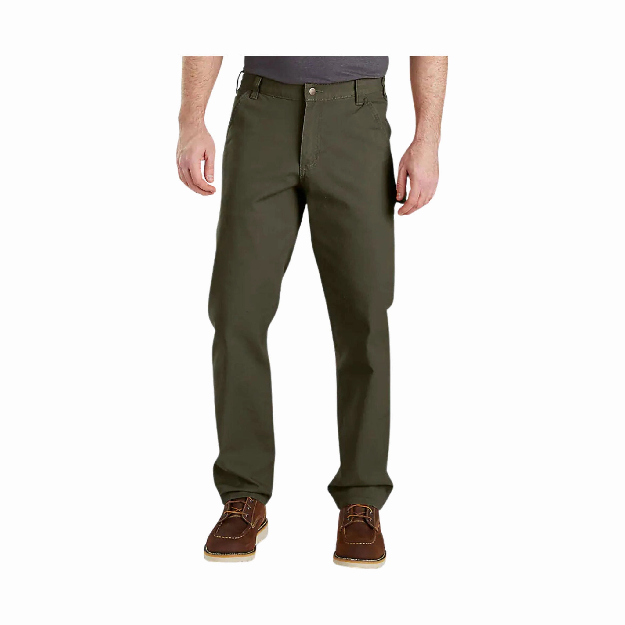 Carhartt Men's Utility Relaxed Fit Rugged Flex Duck Work Pants - Moss No Gap Waistband Secure Closures