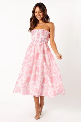 Carter Strapless Midi Dress - Pink Floral Sophisticated Elegance