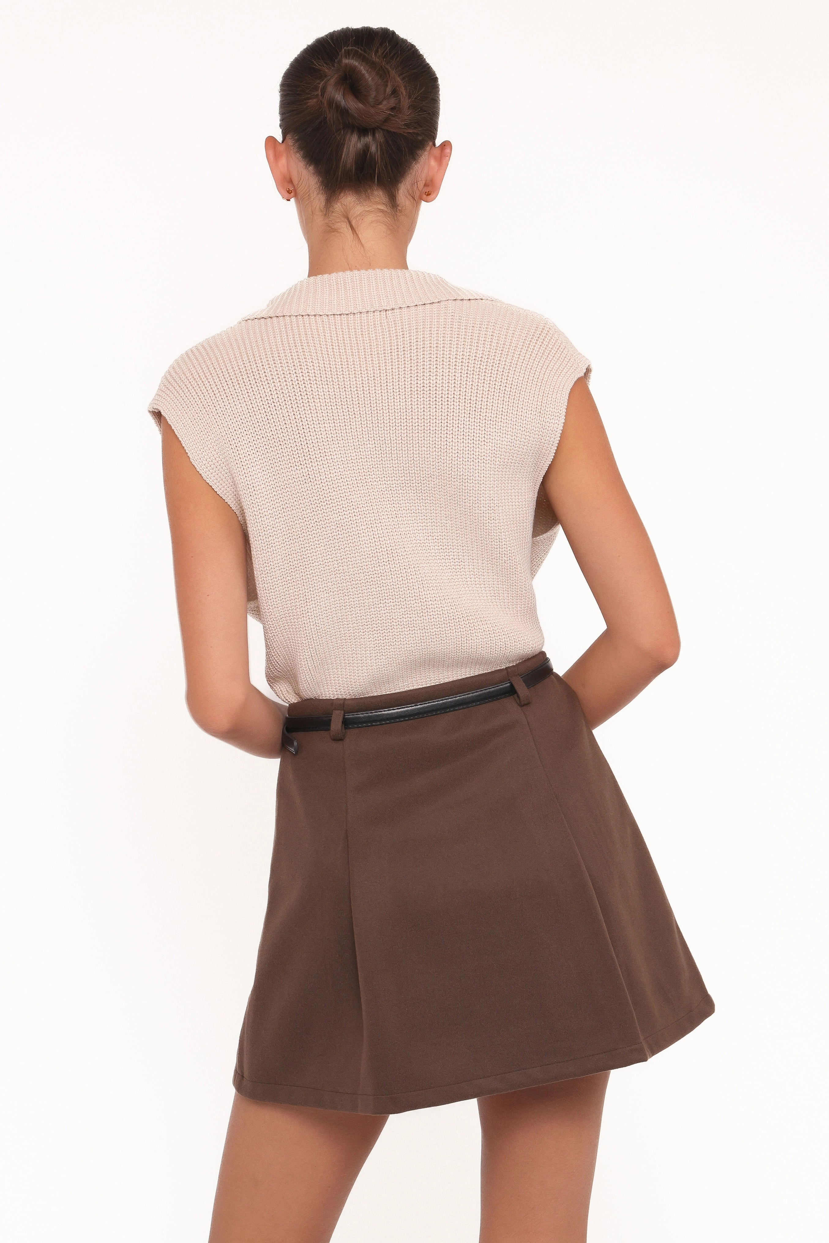 Anti Static Lining Comfy Fit Cassia Belted A-Line Skirt - Chocolate Brown