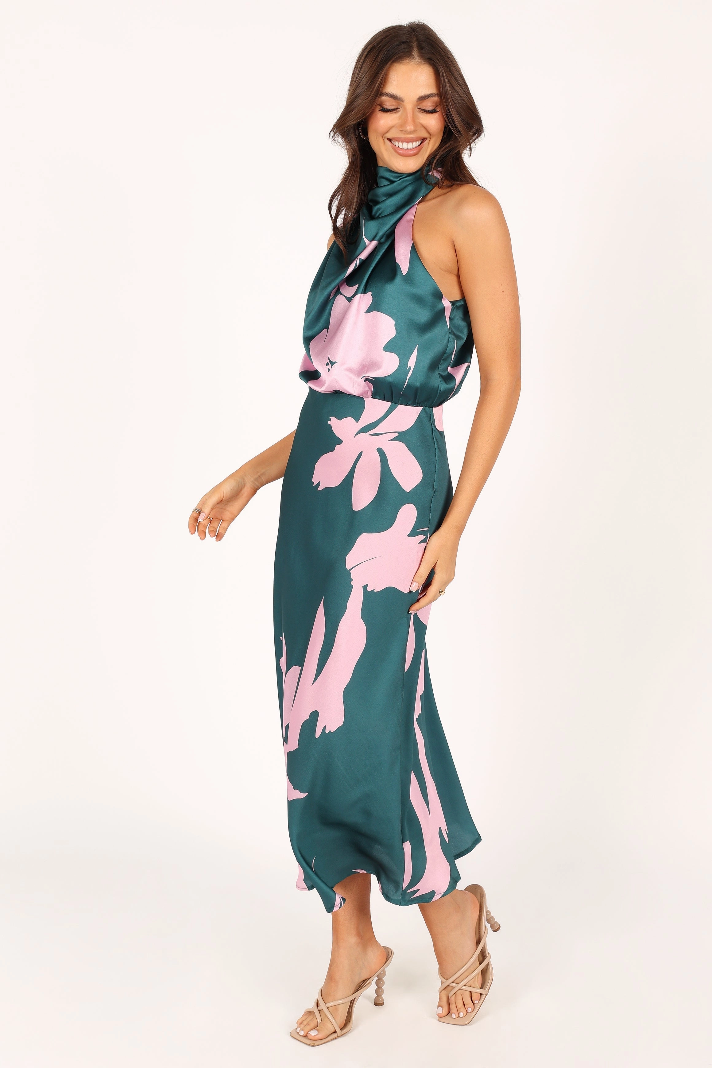 Anabelle Halter Neck Midi Dress - Green Pink Soft and Light