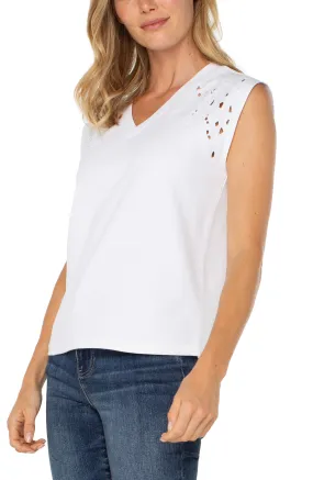 Travel Friendly Chill Look Chic Clothing Cap Sleeve V-neck Top With Embroidery | White