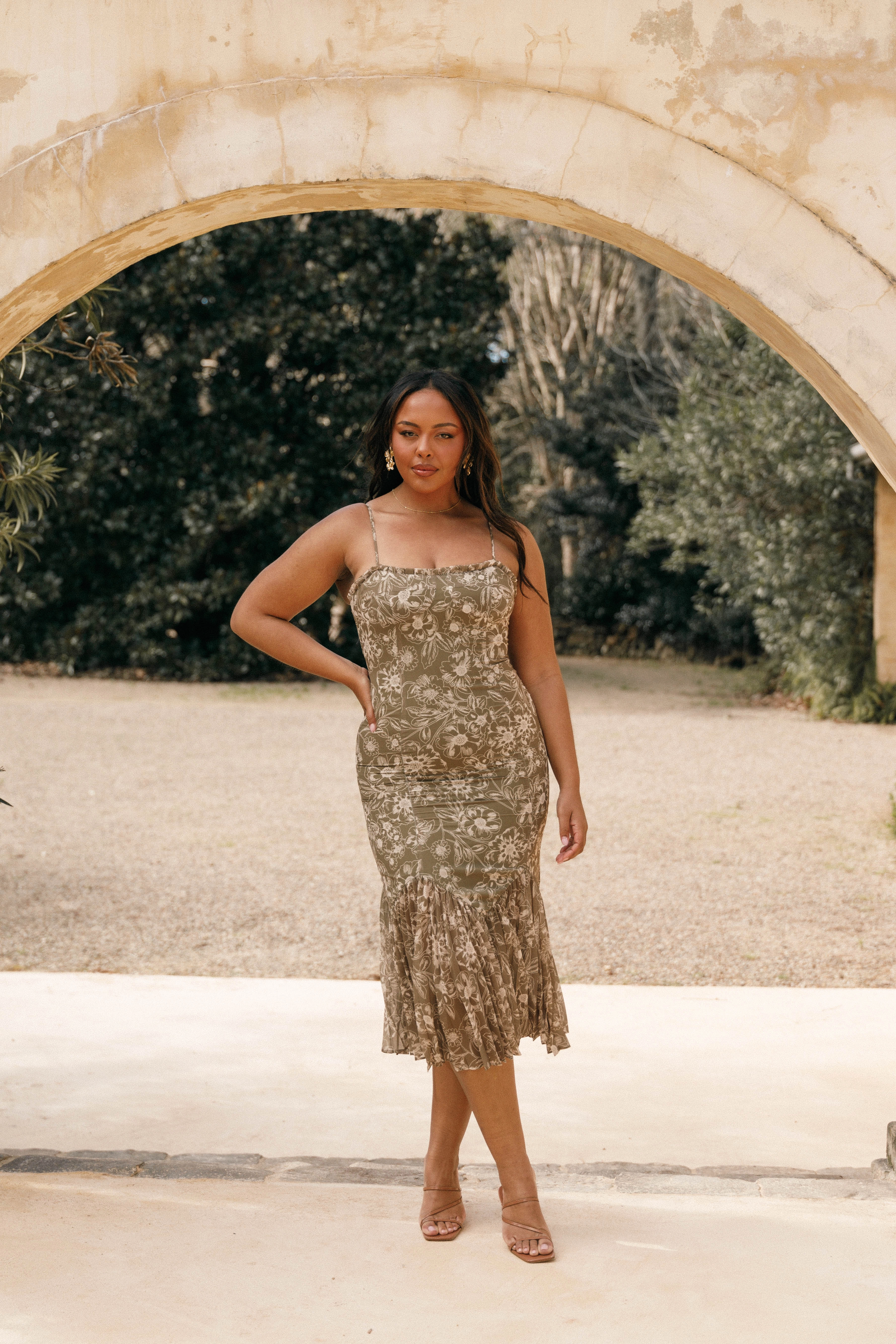 Ashton Midi Dress - Olive Floral Pleated-Skirt breathable-mesh