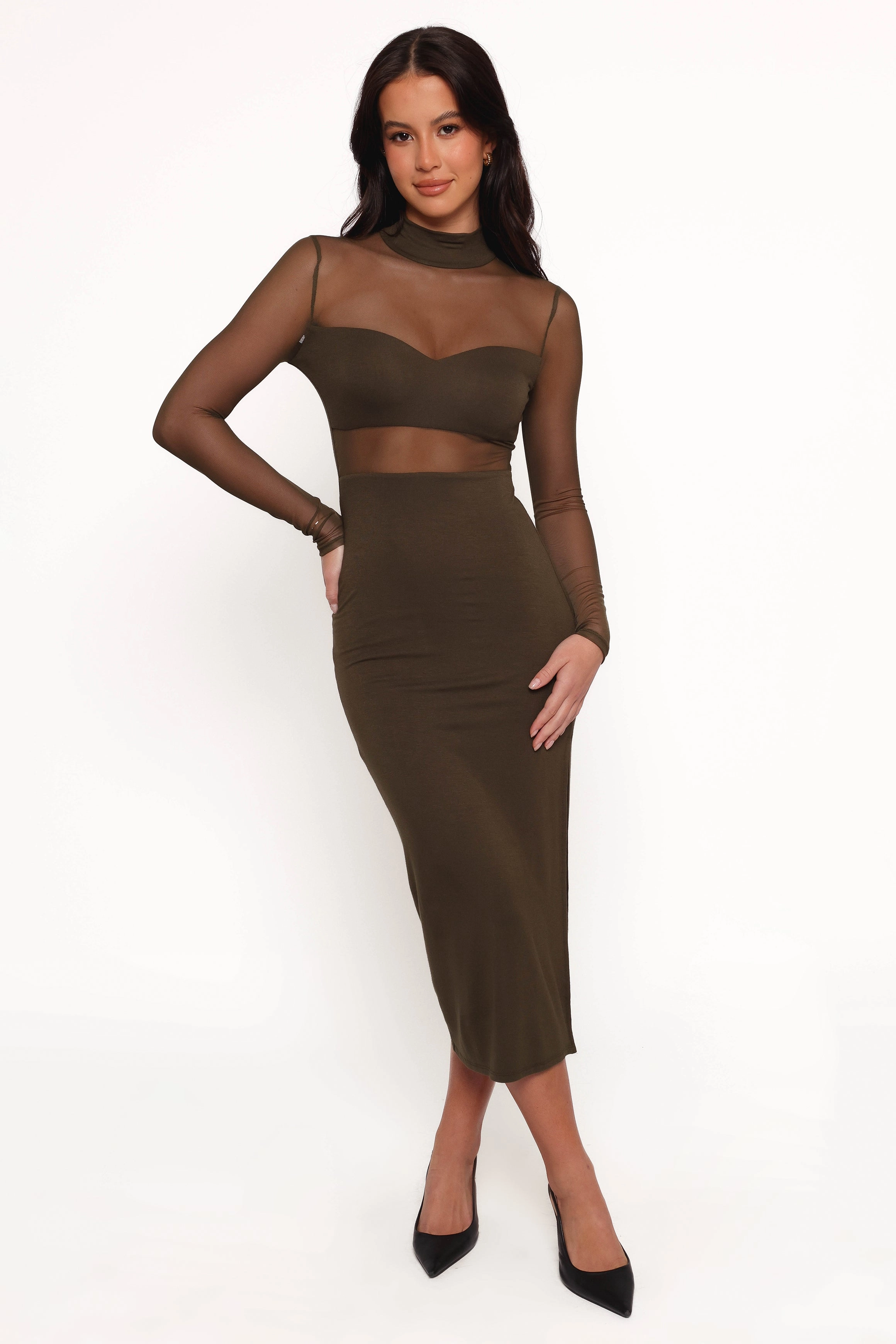 Farrow Long Sleeve Midi Dress - Olive Comfortable Cut Ruffle Detail