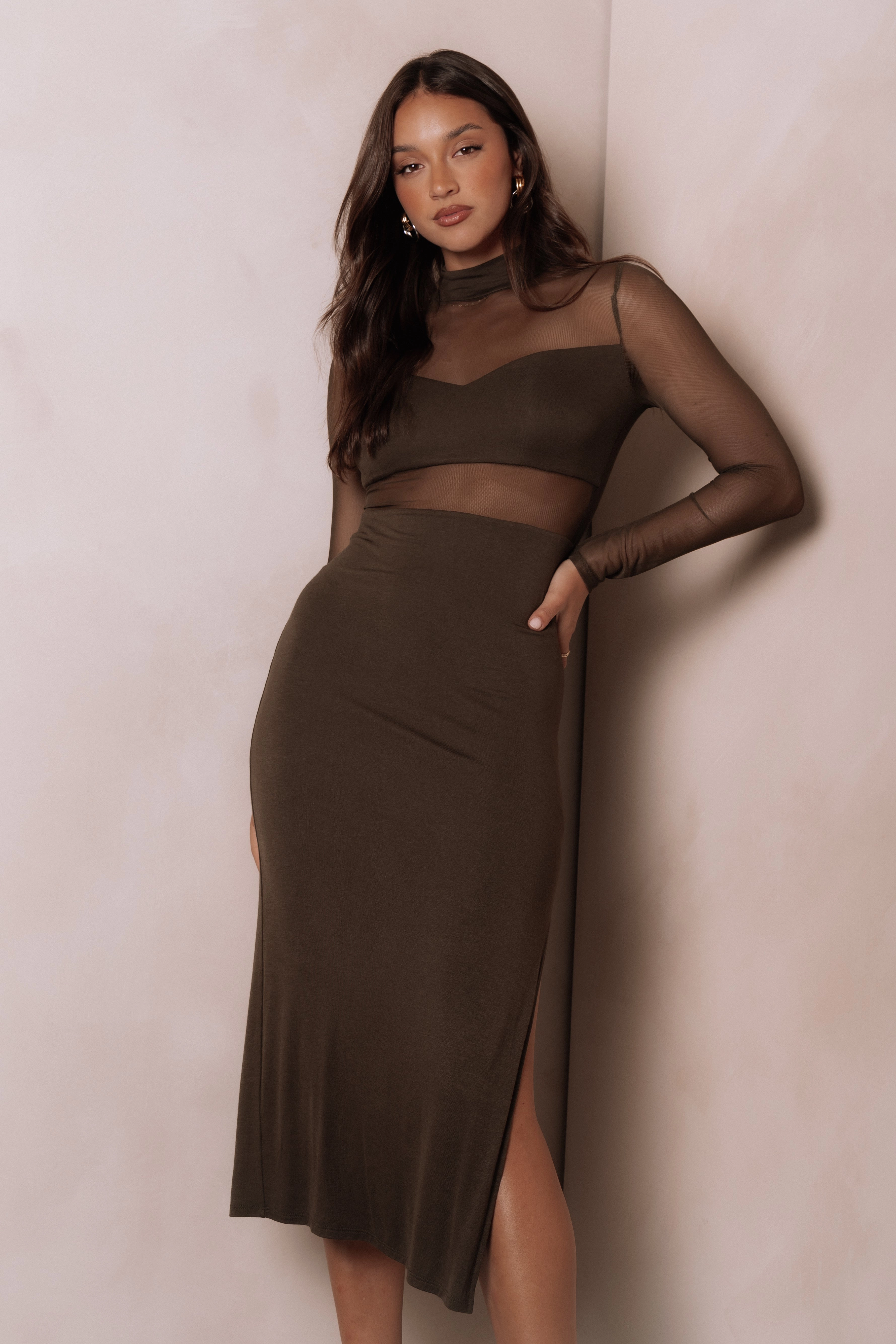 Farrow Long Sleeve Midi Dress - Olive Edgy Twist