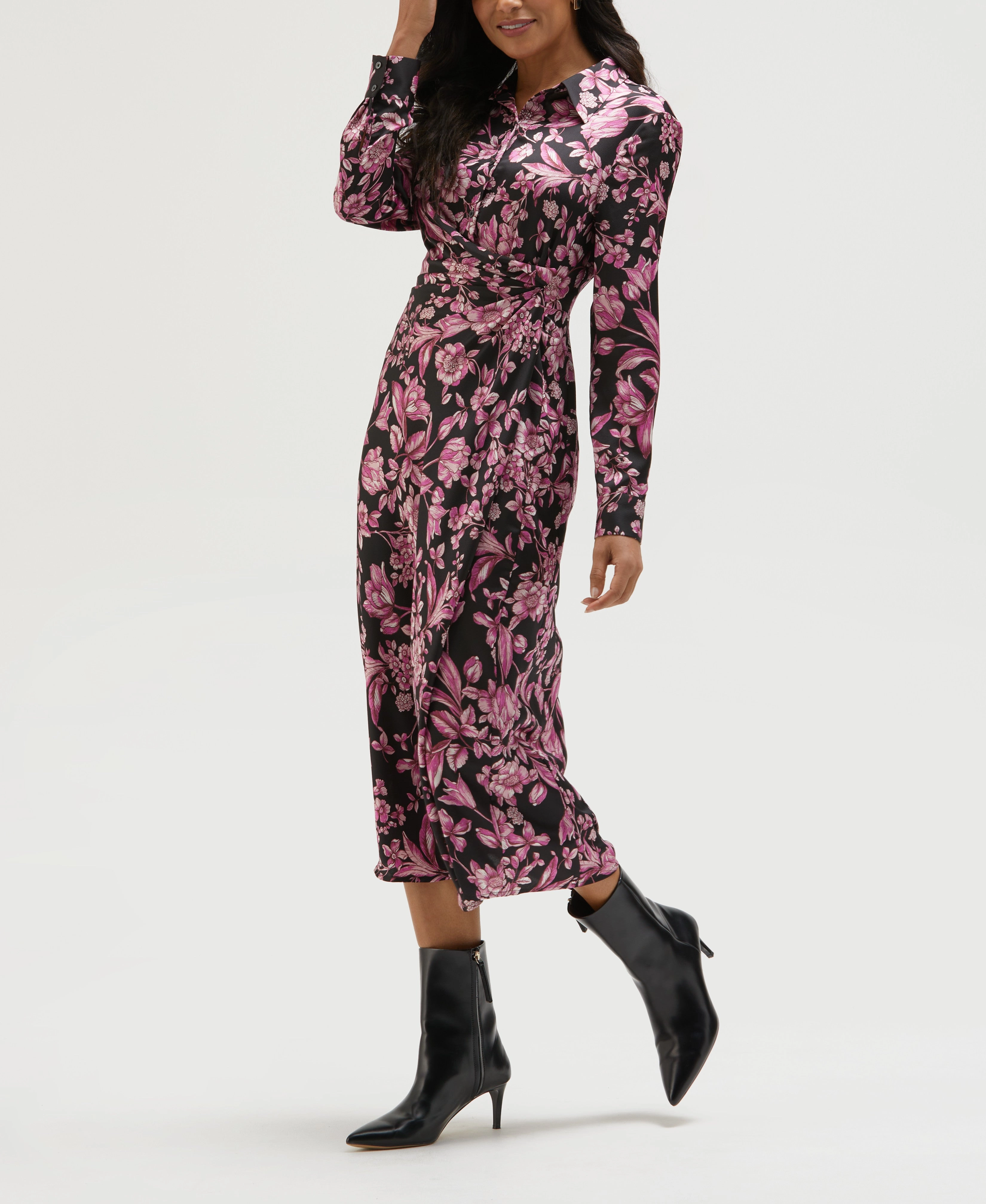 Cozy Wear Inner Feel Floral Print Gathered Popover Midi Dress