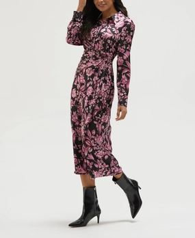 Gloss Accent Subtle-Print Floral Print Gathered Popover Midi Dress