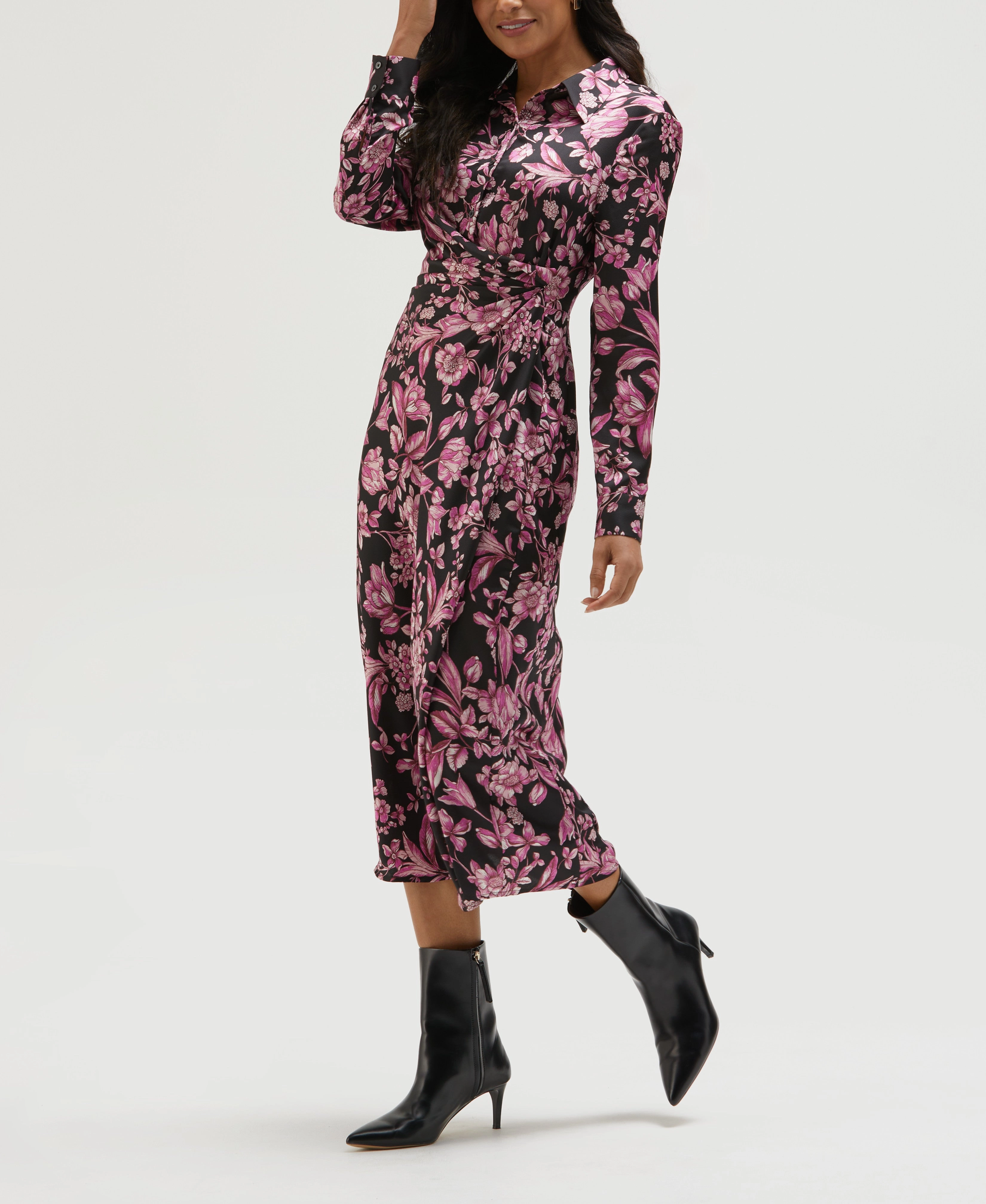 Floral Print Gathered Popover Midi Dress Fit Clean