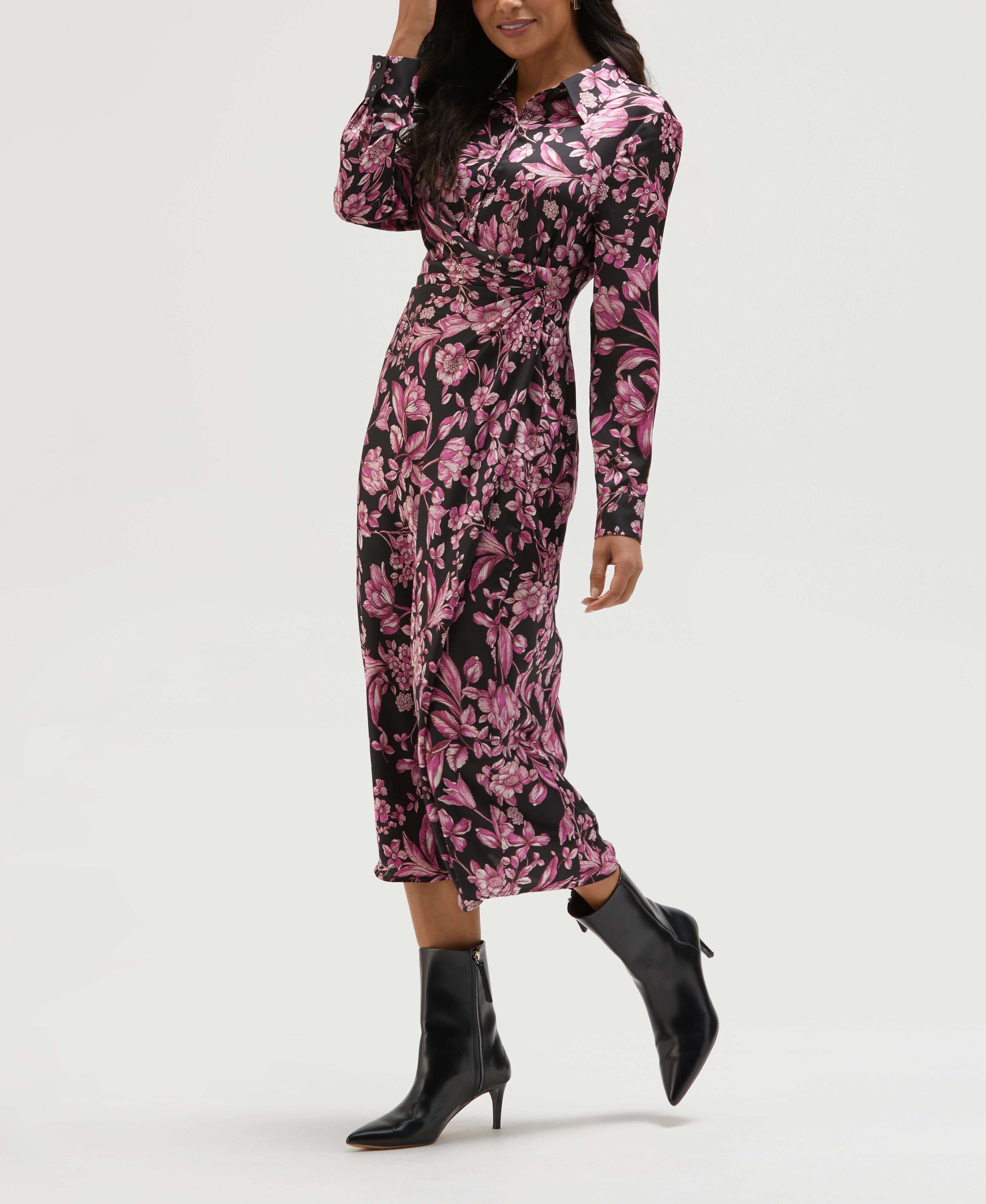 Gloss Accent Subtle-Print Floral Print Gathered Popover Midi Dress