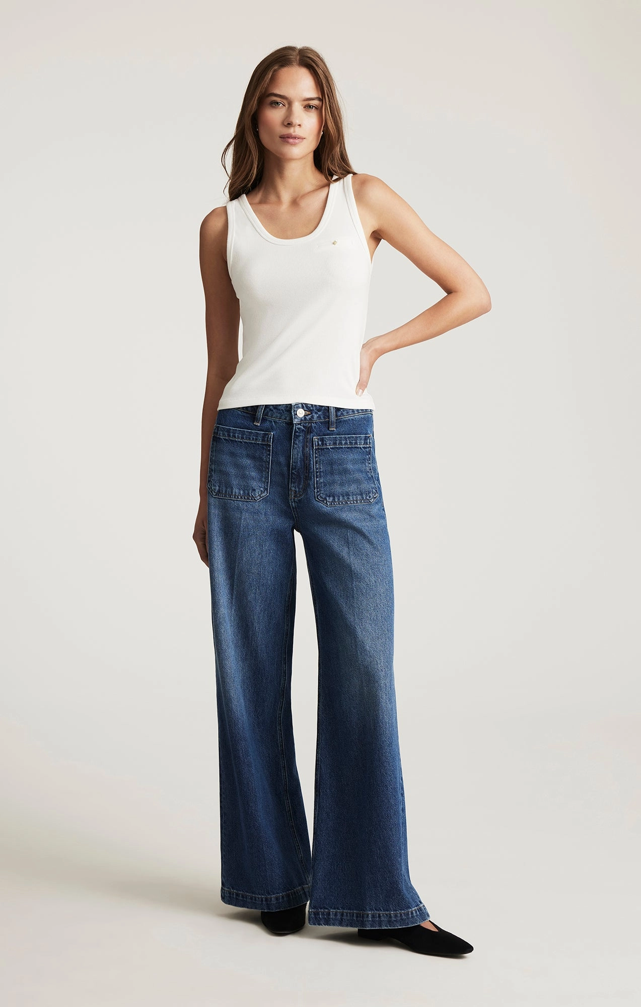 CHRISTINE WIDE LEG IN DARK BRUSHED CLASSIC DENIM Beach Day Brunch Outfit Elegant Everyday Basic