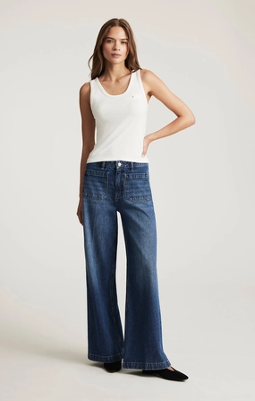 CHRISTINE WIDE LEG IN DARK BRUSHED CLASSIC DENIM Beach Day Brunch Outfit Elegant Everyday Basic