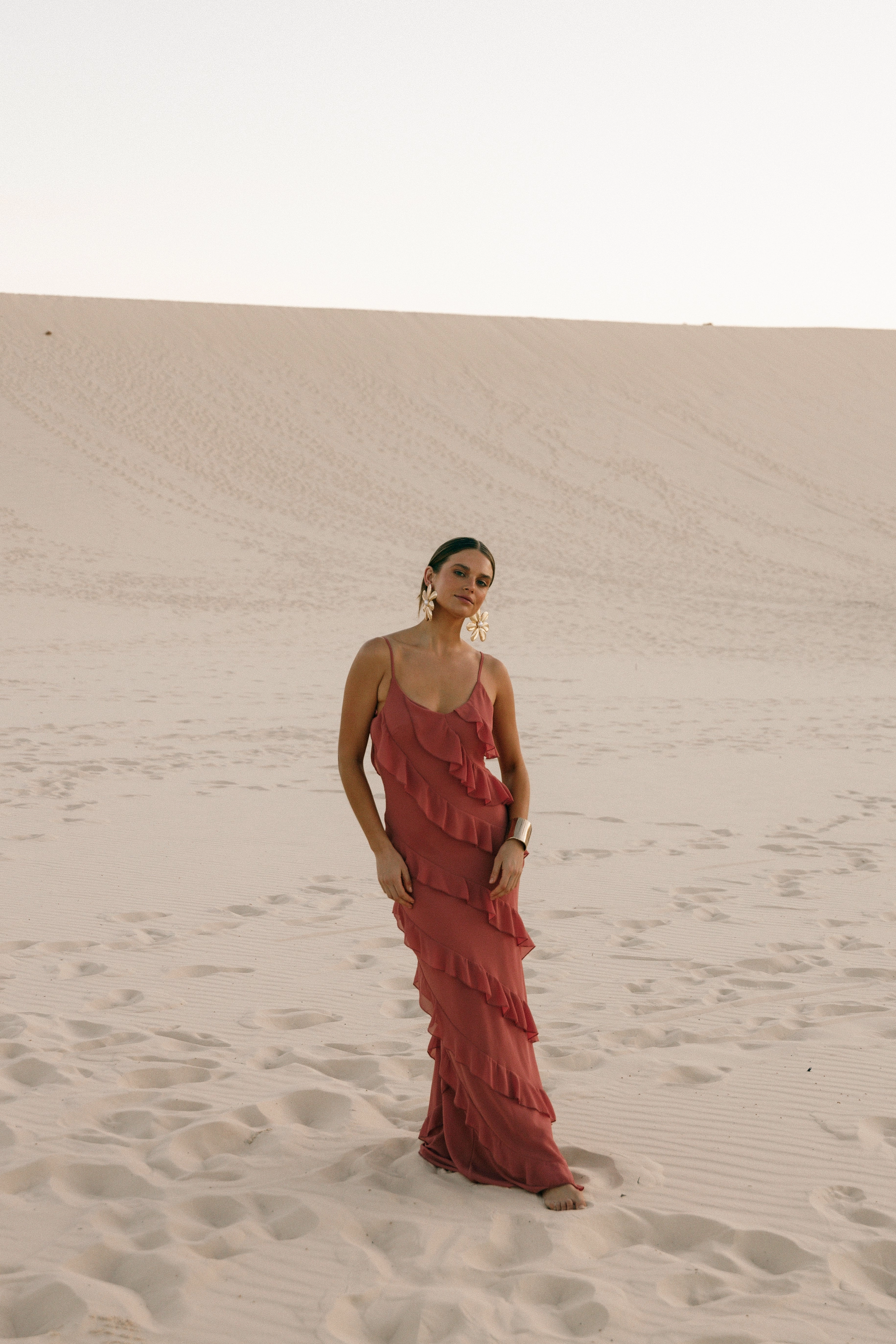 Flowing Texture Airy Layer Ciao Ruffles Maxi Dress - Rosewood