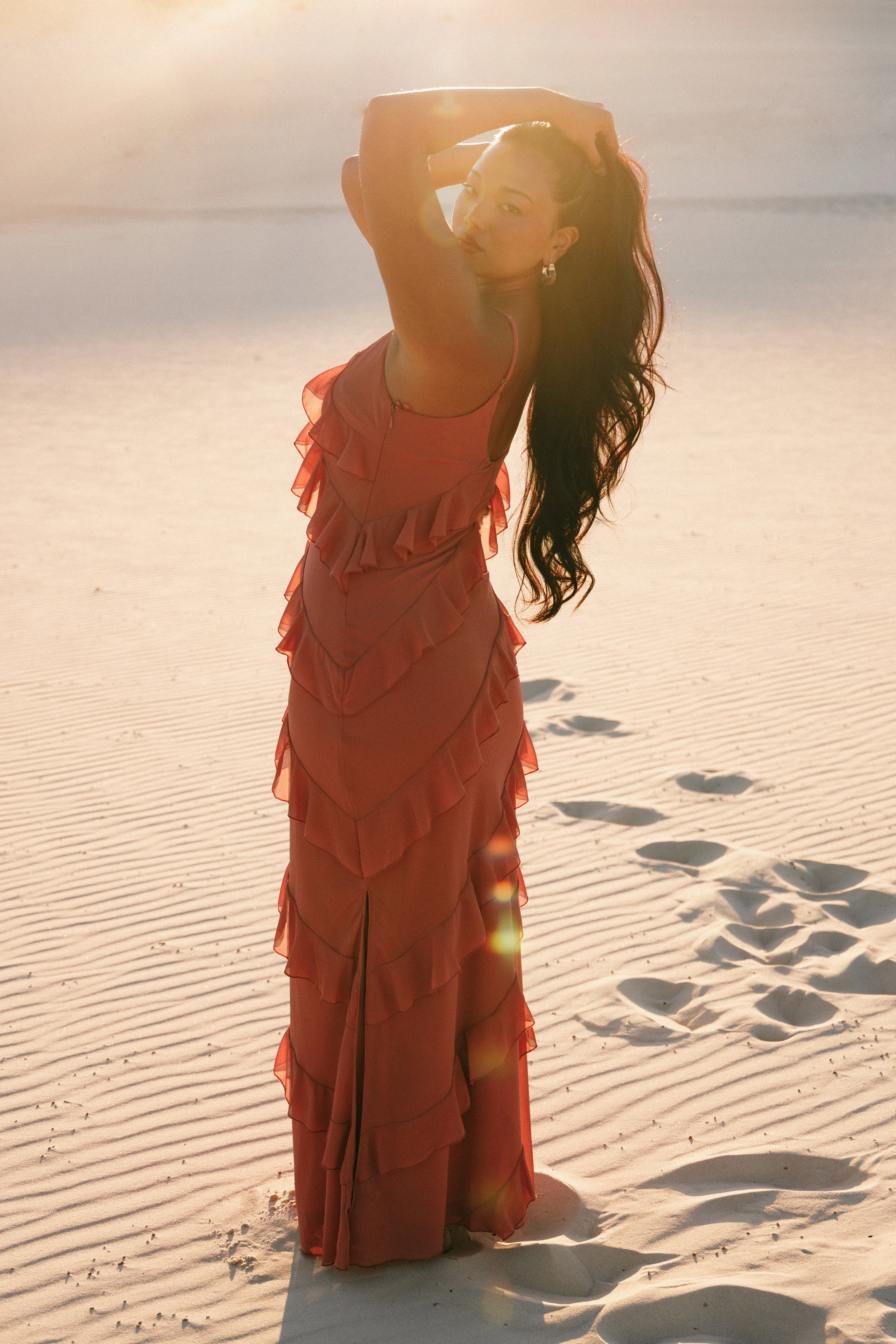 Ciao Ruffles Maxi Dress - Rosewood Short Sleeve Smooth Wear