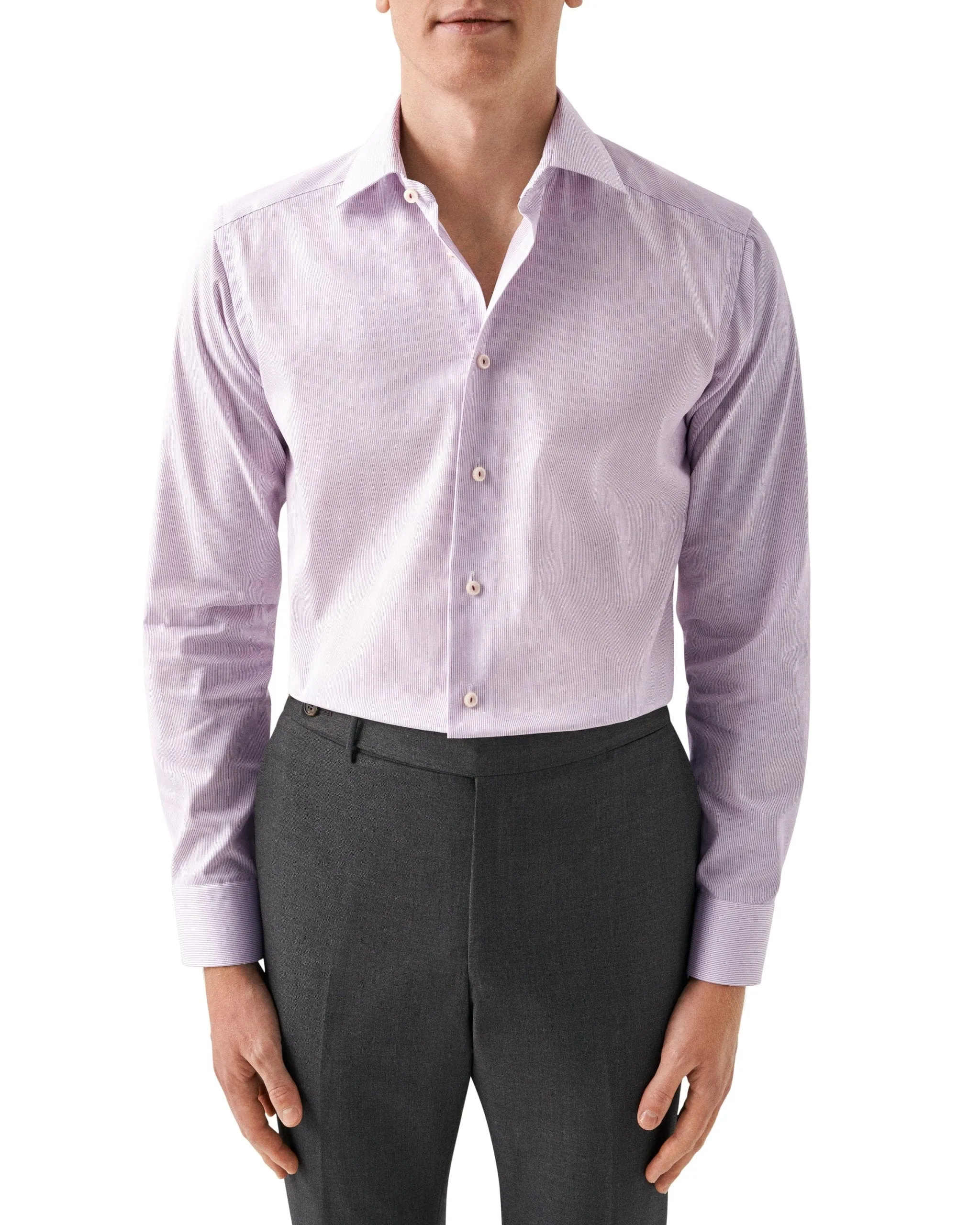 Abrasion Resistant Edging Asymmetrical Cut Slim Fit Purple Fine Striped Signature Twill Dress Shirt