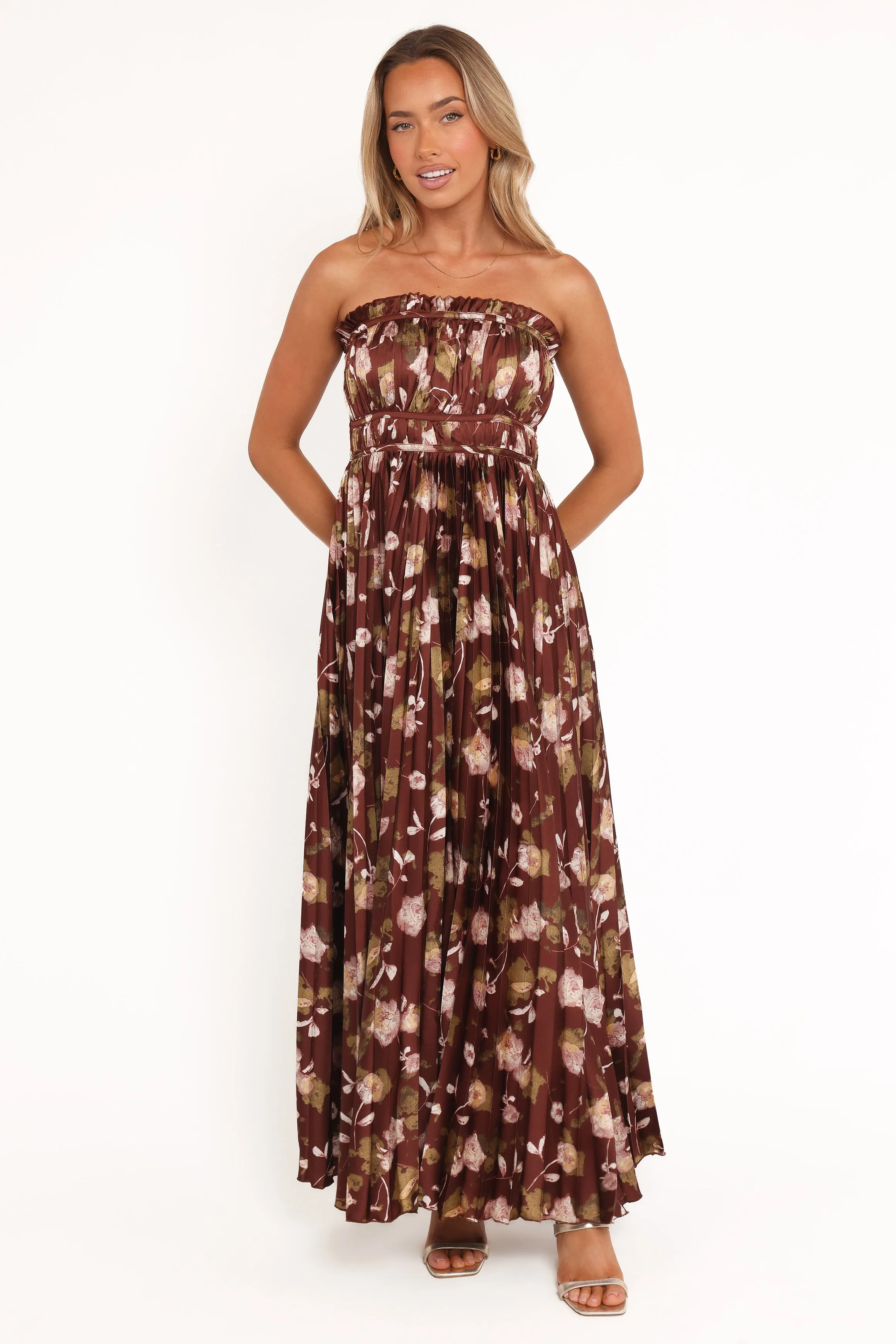 Angelique Strapless Maxi Dress - Brown Floral Light Shape