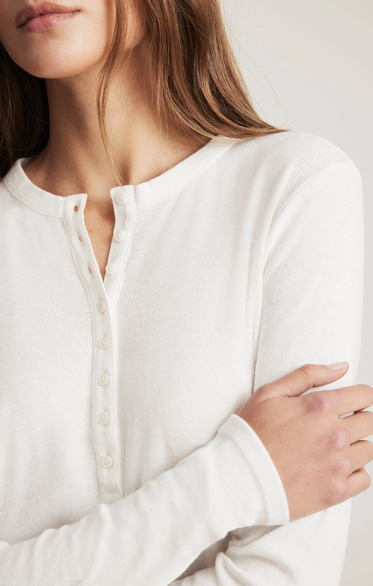 Yarn Dyed Fabric HENLEY LONG SLEEVE T-SHIRT IN ANTIQUE WHITE