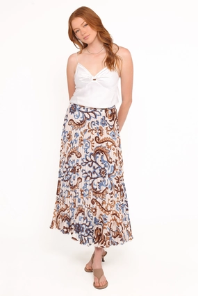 Tear Resistant Aoife Pleated Midi Skirt - Ivory Brown Blue