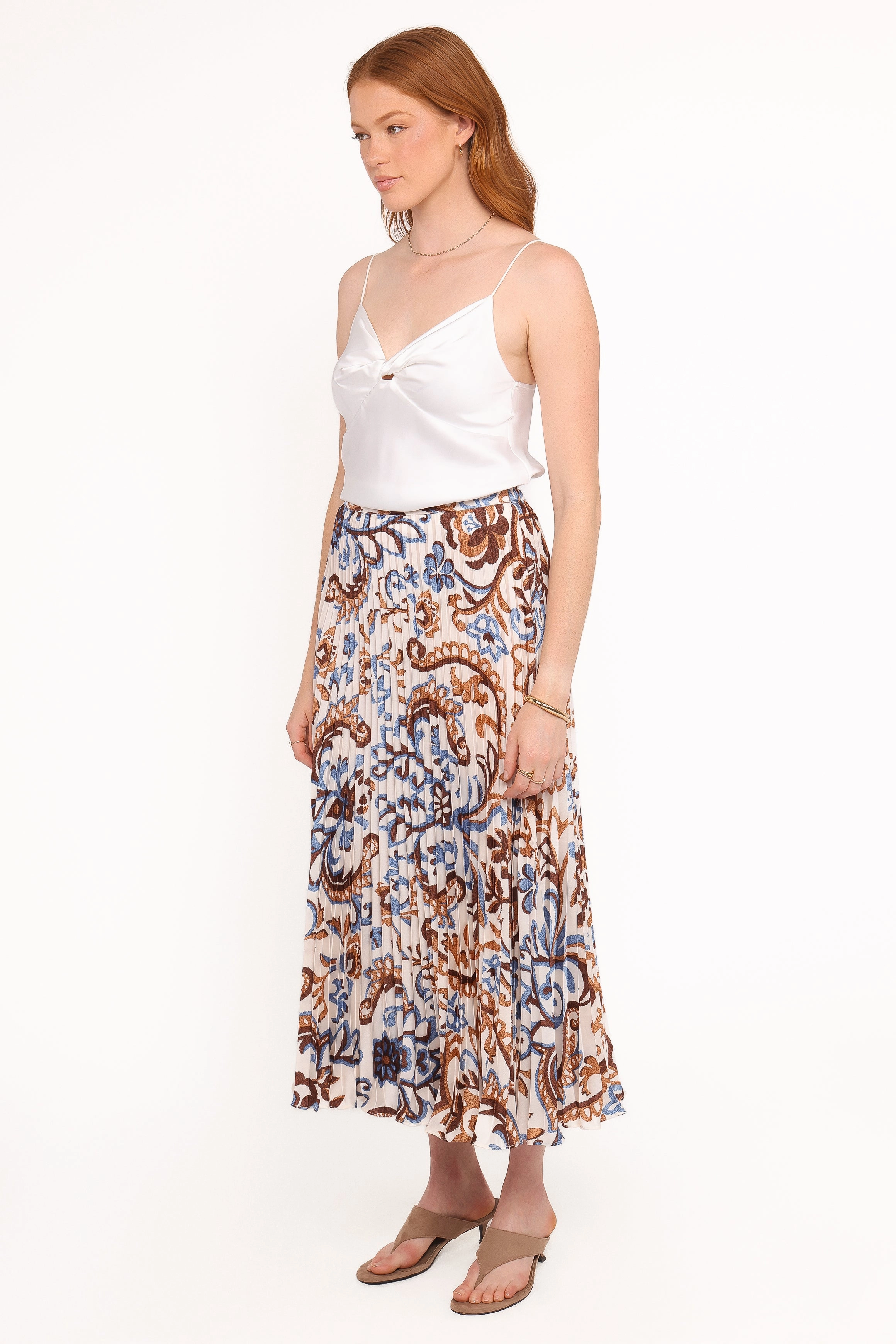 Subtle Details Smooth Layer Aoife Pleated Midi Skirt - Ivory Brown Blue
