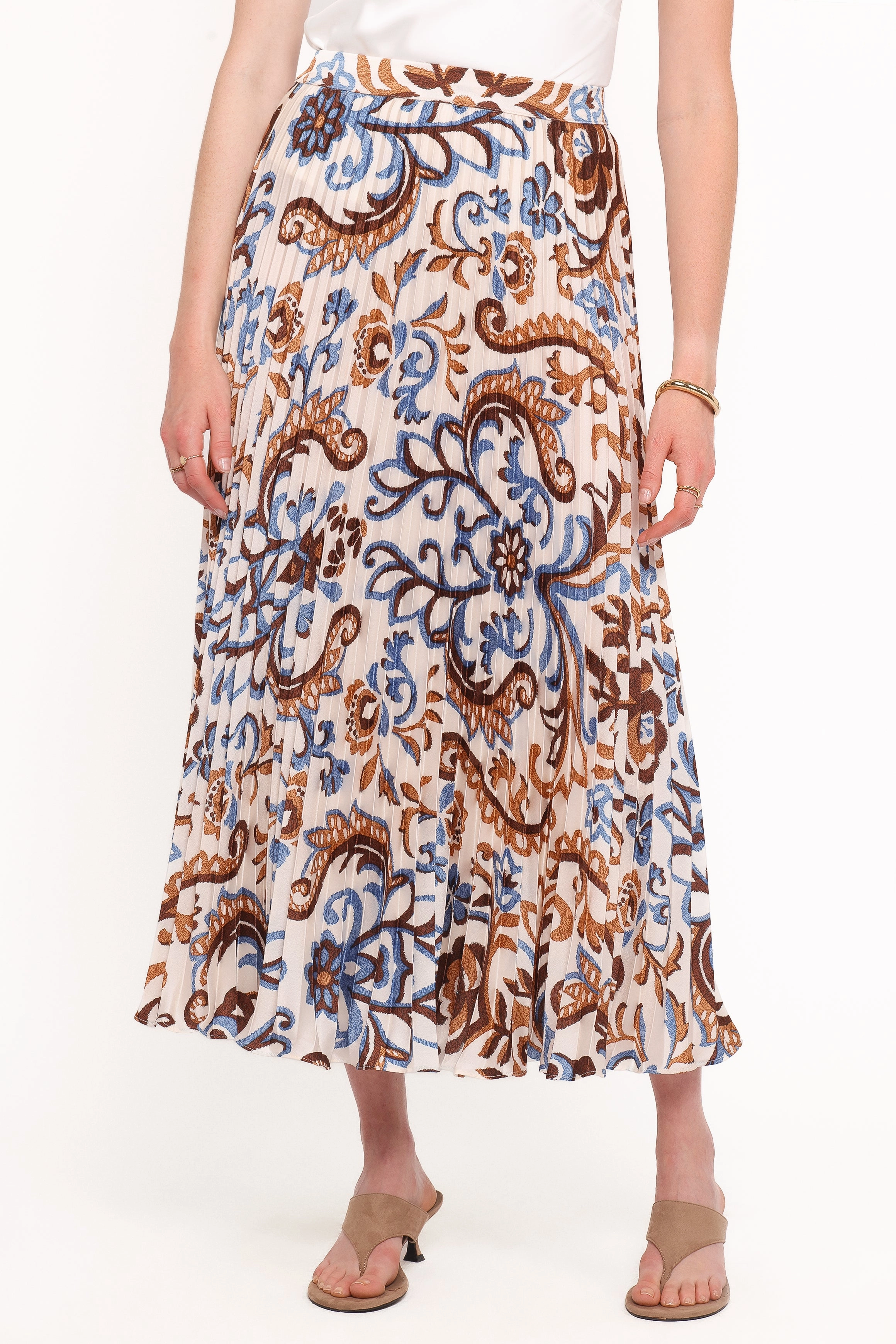Double Layer Construction Aoife Pleated Midi Skirt - Ivory Brown Blue