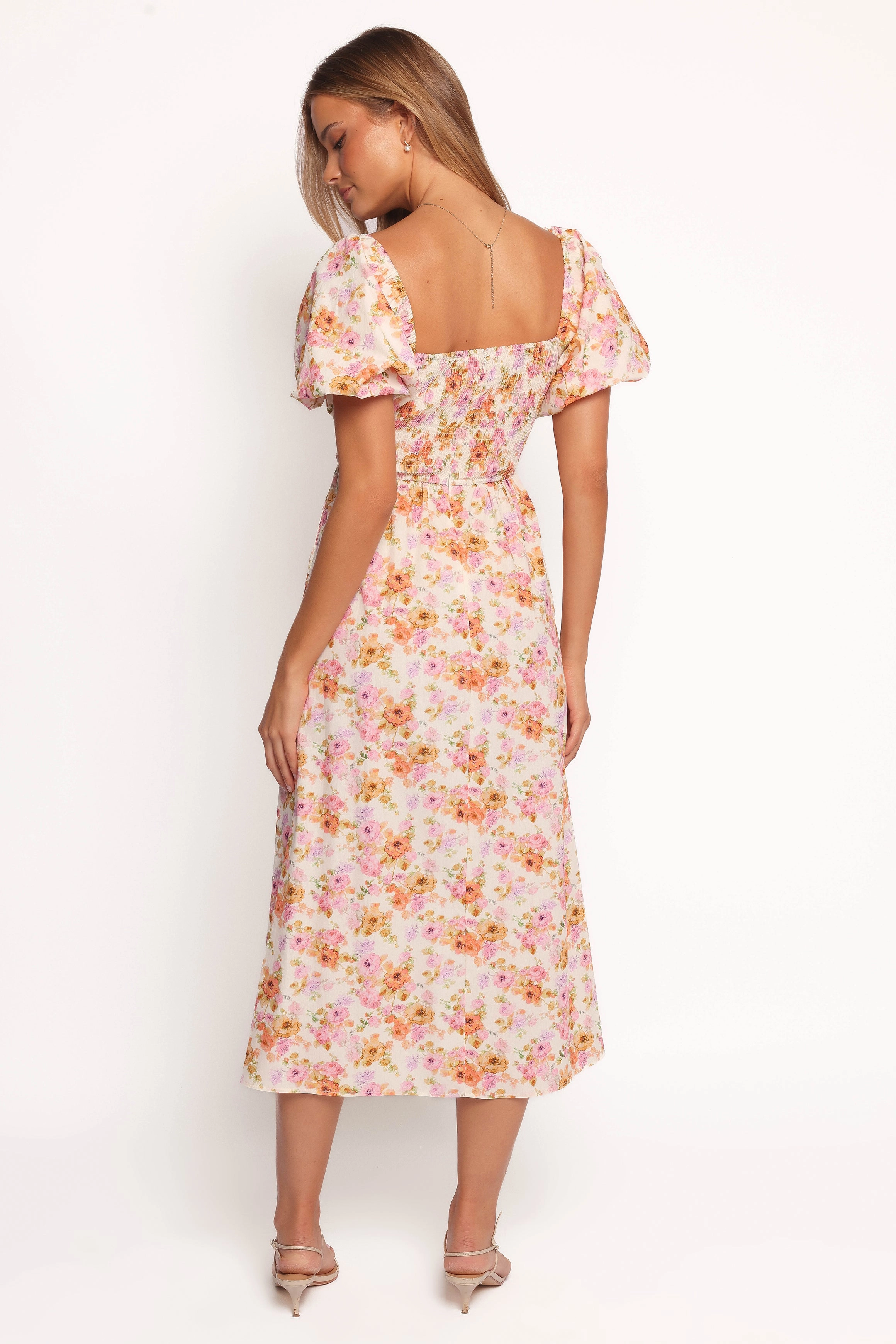 spring outfit Texture Edge Clo Puff Sleeve Midi Dress - Peach Floral