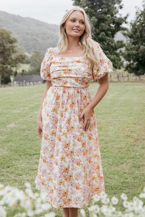 Shine Dressy Clo Puff Sleeve Midi Dress - Peach Floral