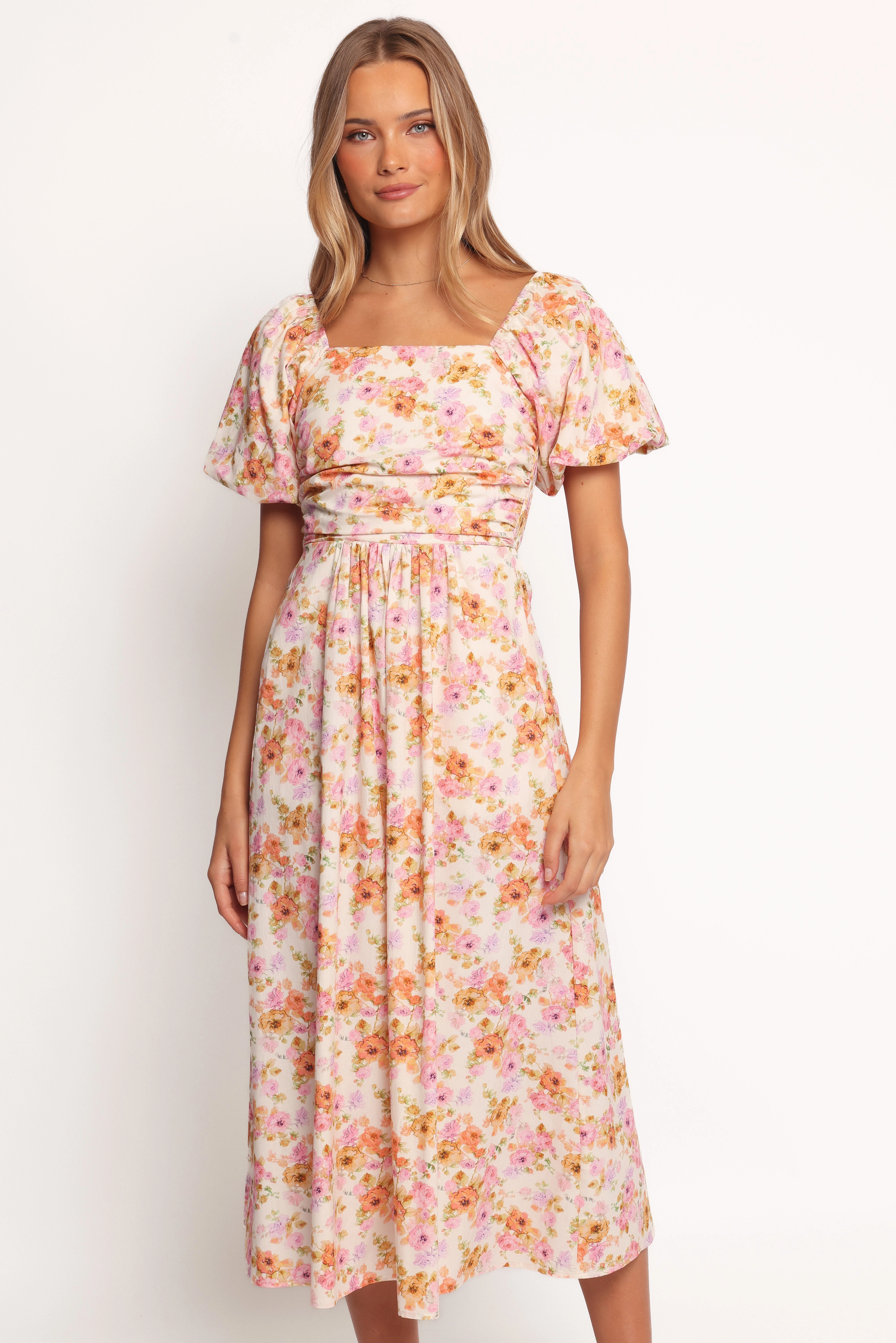 Clo Puff Sleeve Midi Dress - Peach Floral Versatile dress for layering Crisp Silhouette
