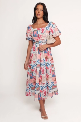 Trendy Everyday Clo Puff Sleeve Midi Dress - Pink Blue