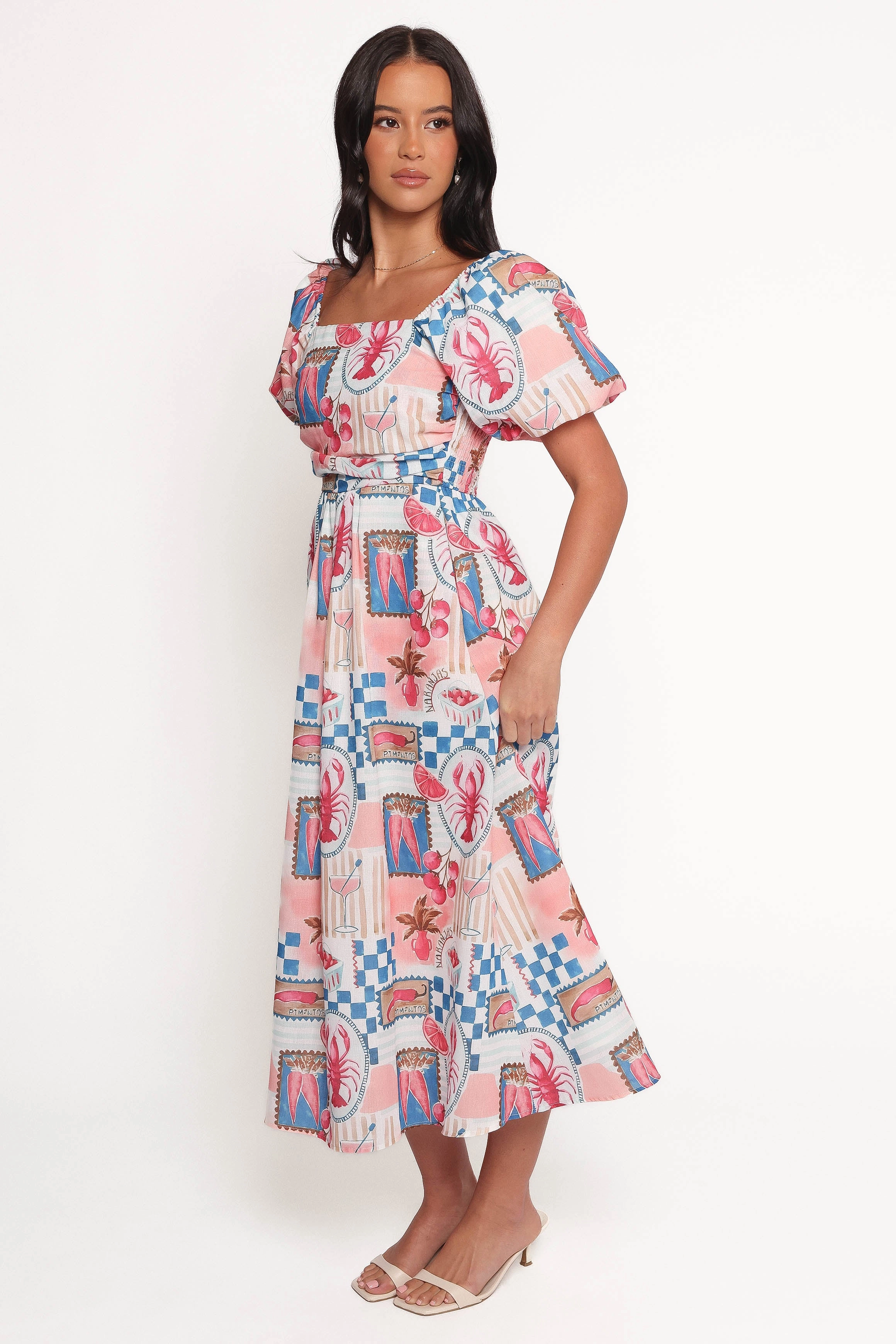 Clo Puff Sleeve Midi Dress - Pink Blue Minimal Curve