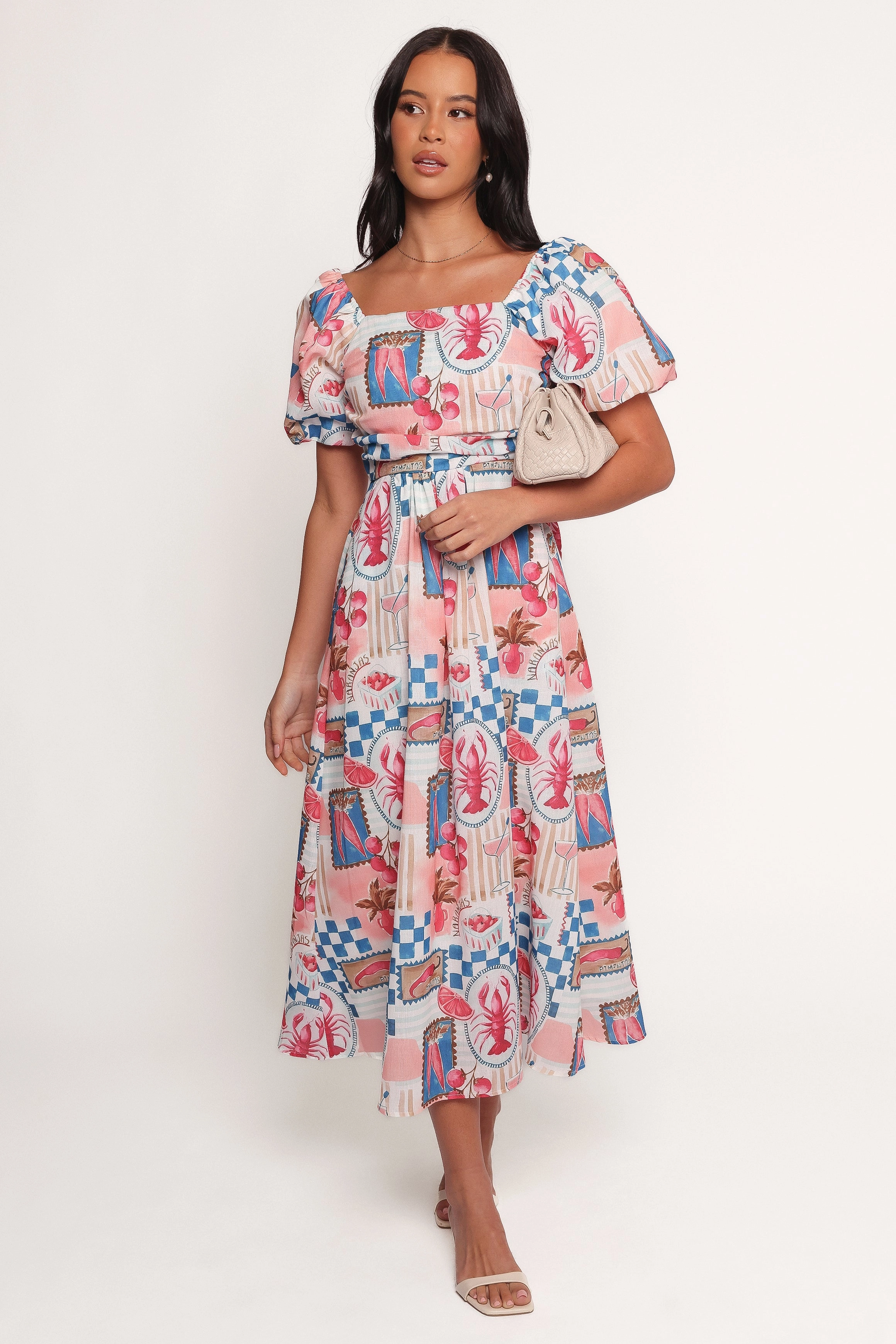 Trendy Everyday Clo Puff Sleeve Midi Dress - Pink Blue