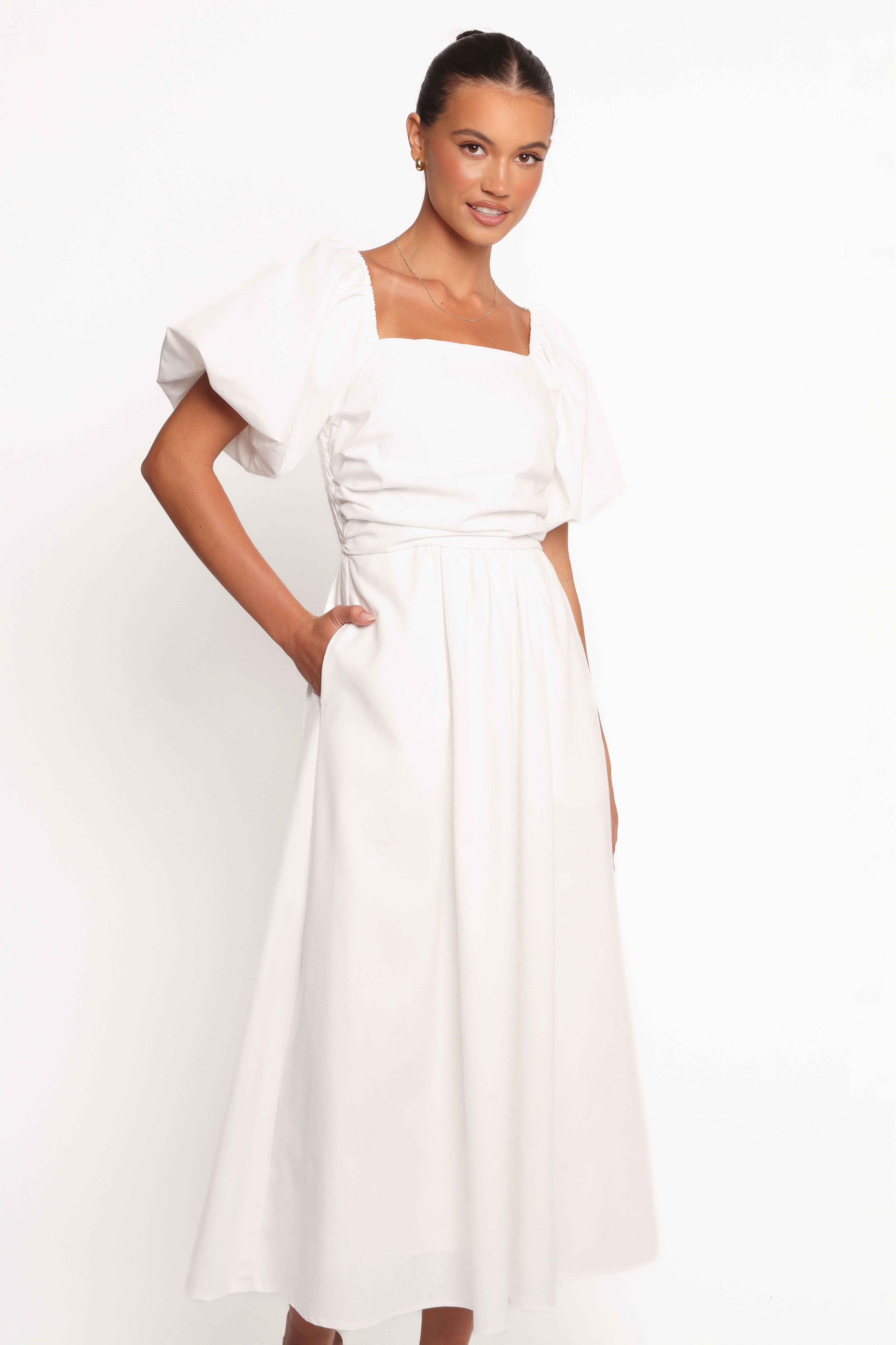 Clo Puff Sleeve Midi Dress - White Chic Everyday Wear