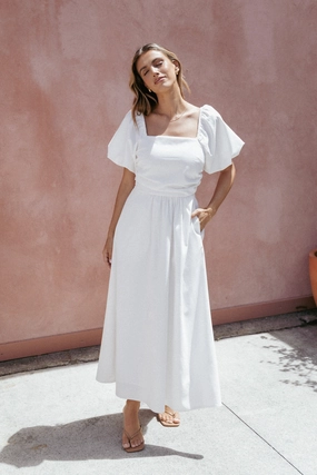 Clo Puff Sleeve Midi Dress - White Harmonious Layers