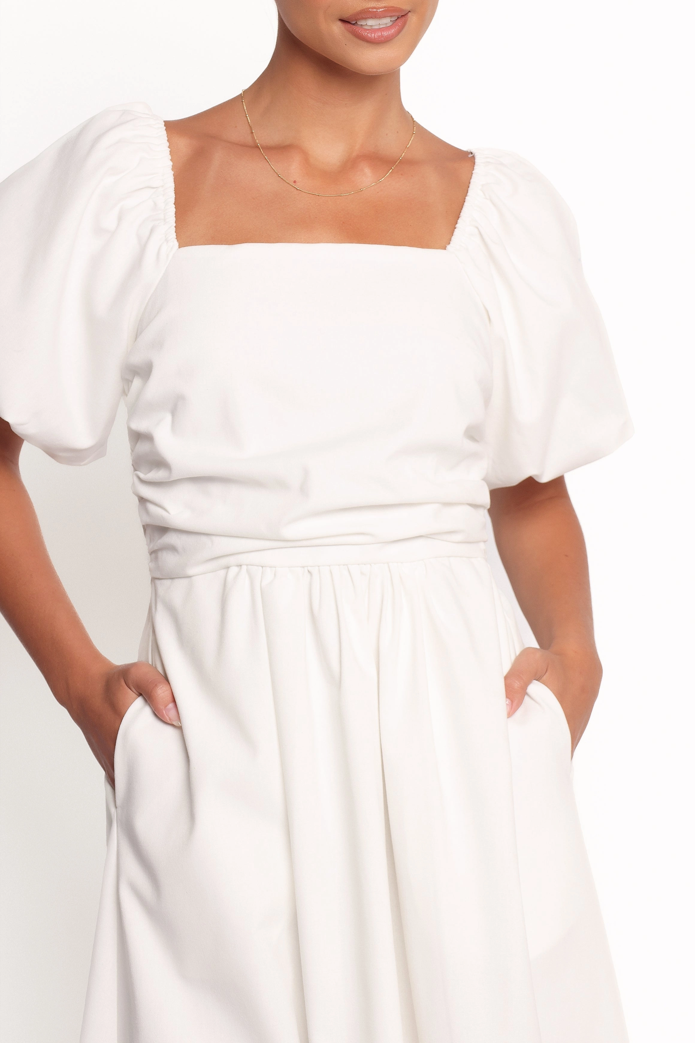 Clo Puff Sleeve Midi Dress - White Unique Cut