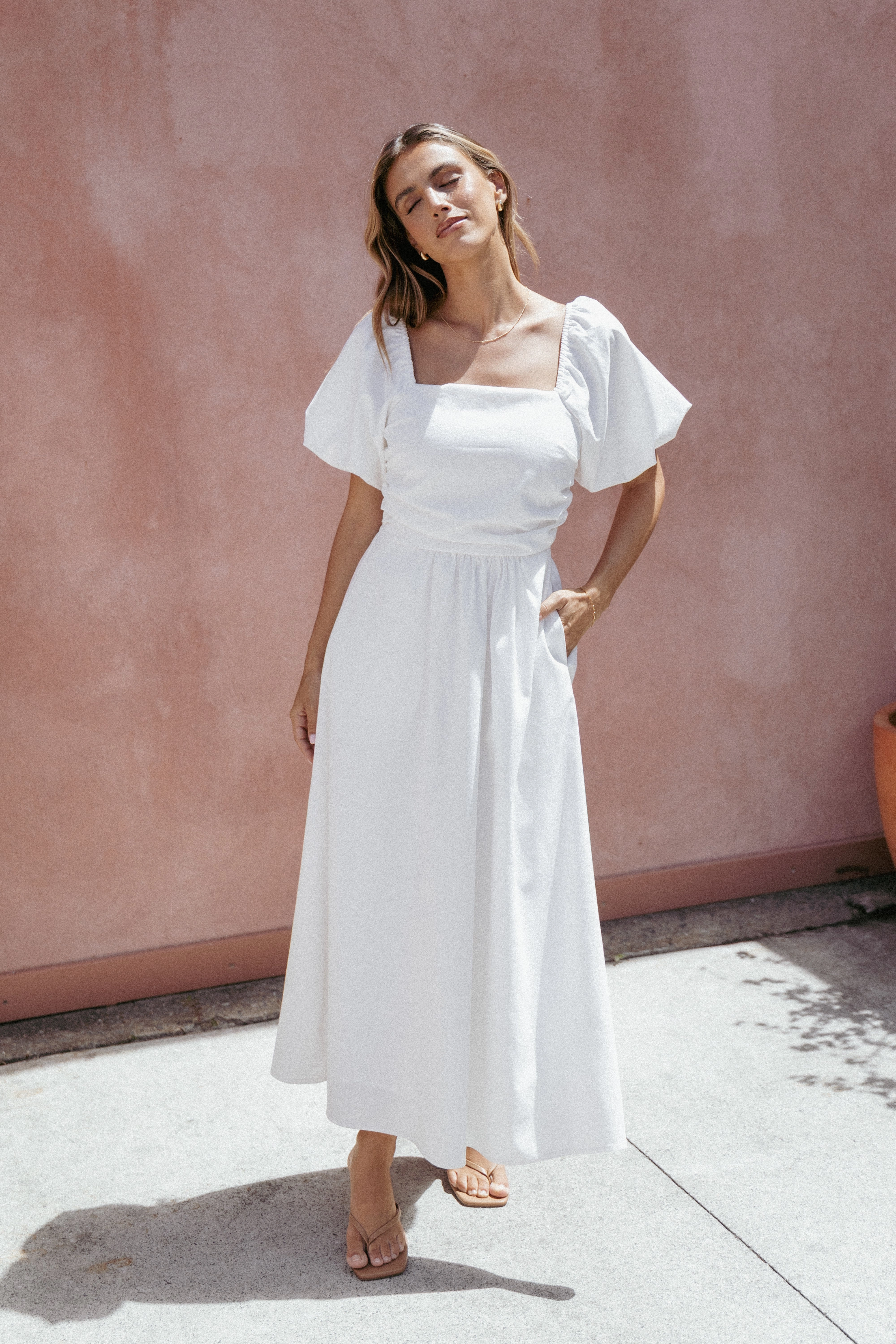 Clo Puff Sleeve Midi Dress - White Harmonious Layers