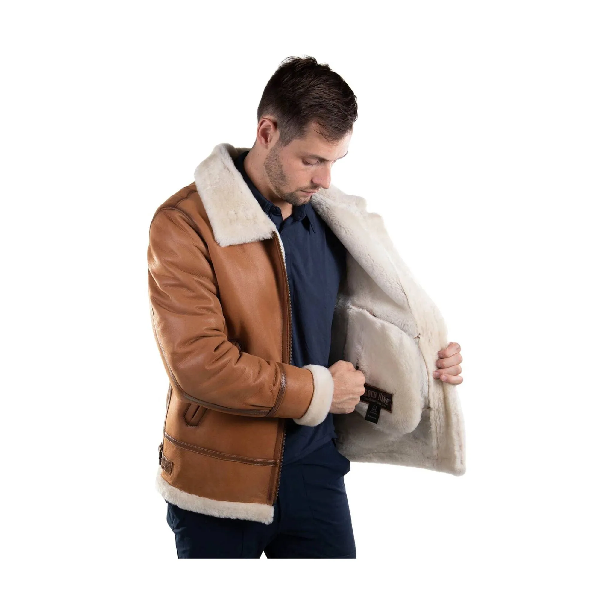 Cloud Nine Men's Sheepskin Western Bomber Coat - Chestnut Adjustable Detachable Hood Snow Block