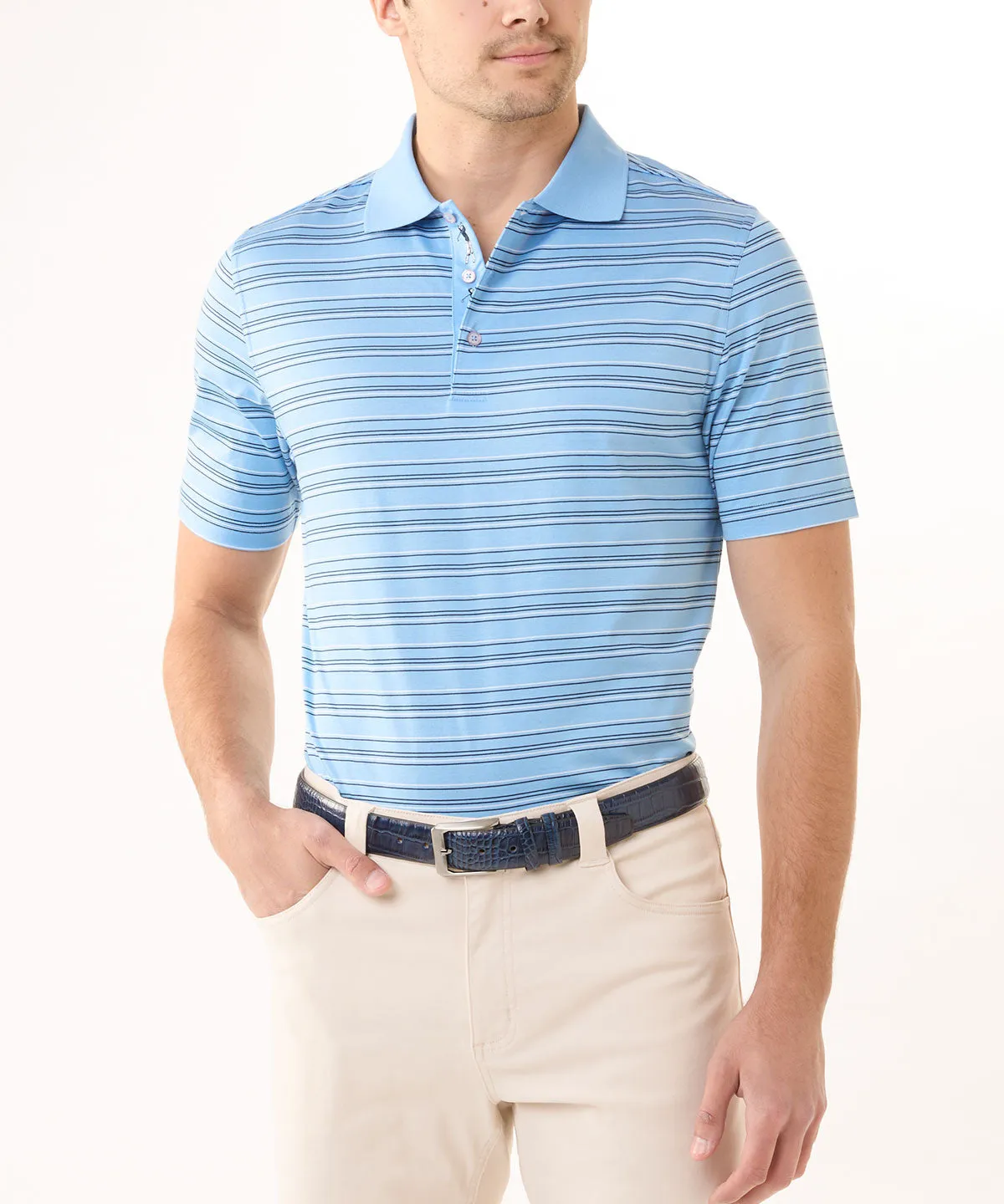Signature 100% Mercerized Cotton Kirkwood Multi-Pinstripe Polo Shirt Cozy Apparel Fresh Comfort