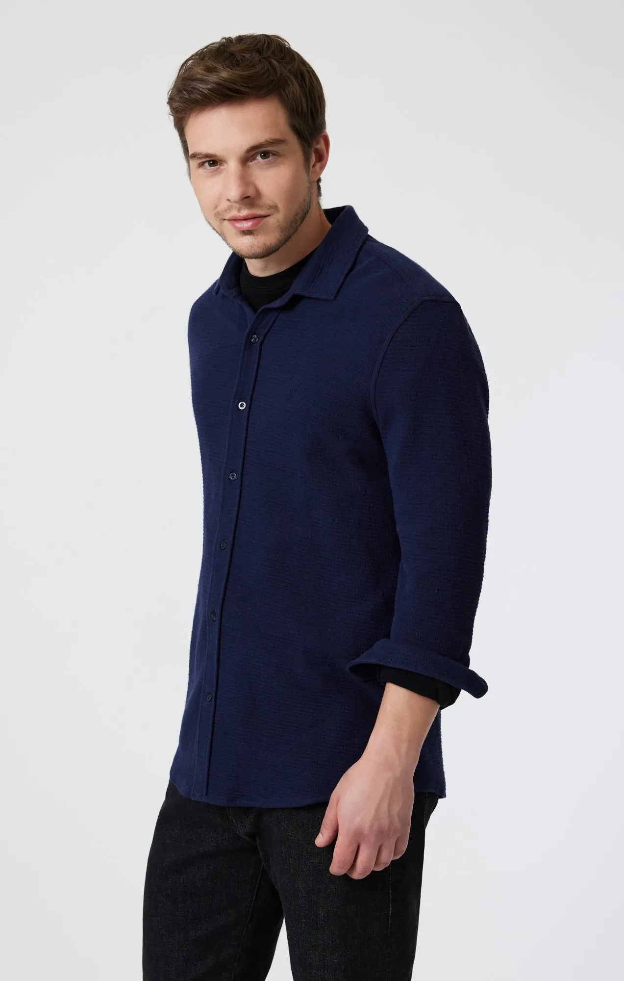 shopping spree BUTTON-UP LONG SLEEVE SHIRT IN MARITIME BLUE
