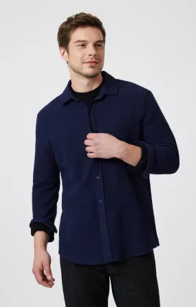 Bold Print Lightweight Material BUTTON-UP LONG SLEEVE SHIRT IN MARITIME BLUE
