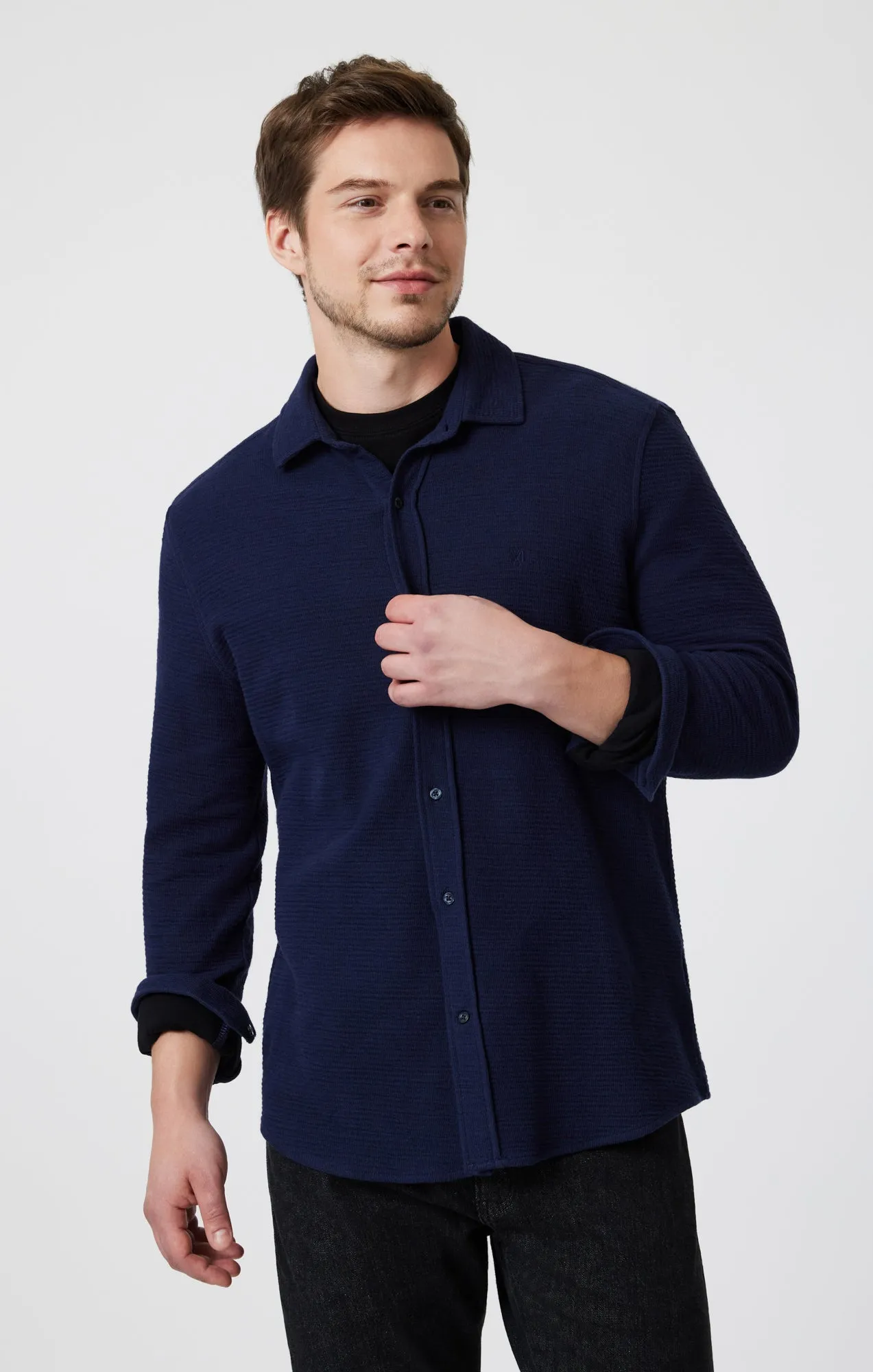 Bold Print Lightweight Material BUTTON-UP LONG SLEEVE SHIRT IN MARITIME BLUE